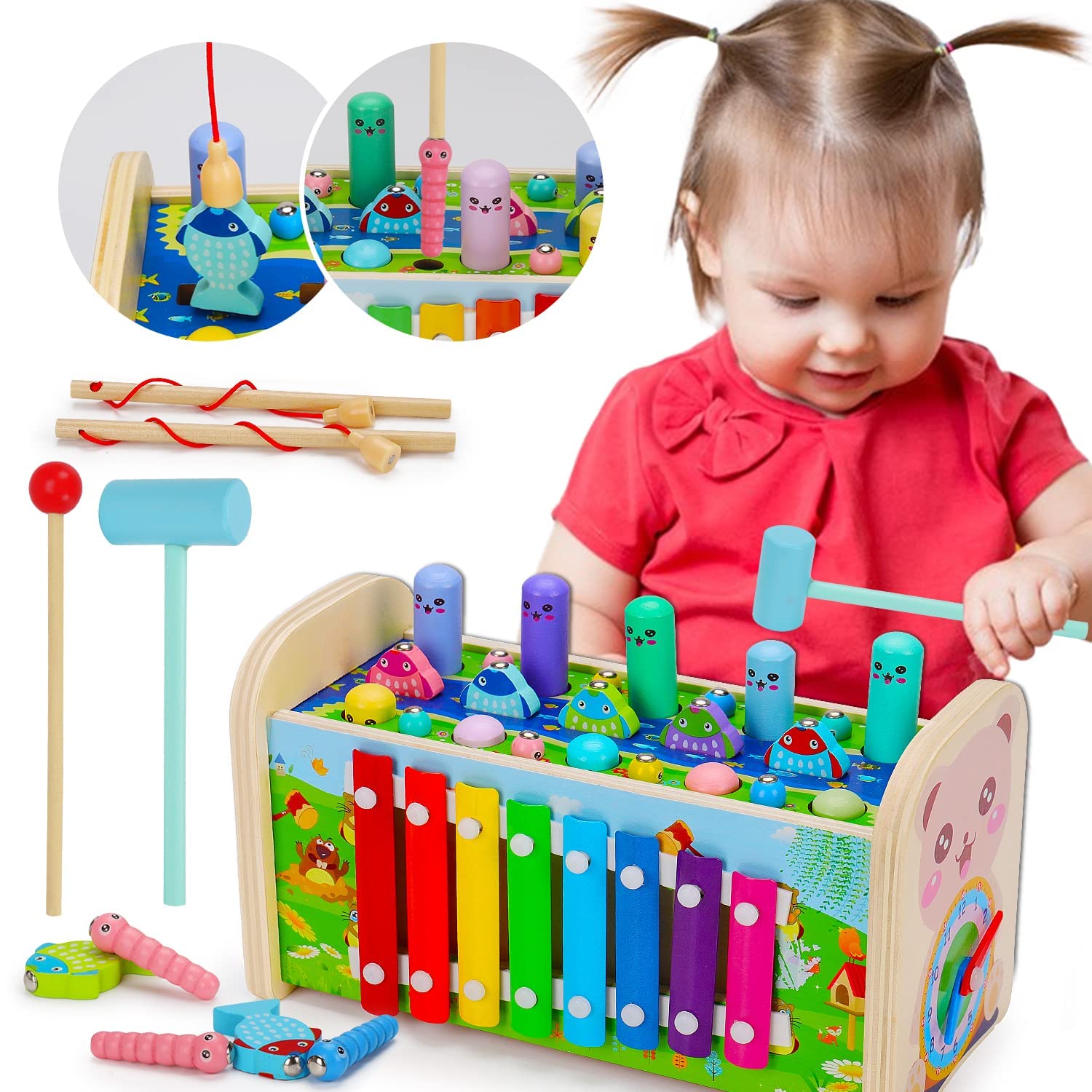 7 in 1 Montessori Wooden Toddler Toys for 1-3 Year Old Boys & Girls - Educational Hammering Pounding Toy with Whack-a-Mole, Fishing Game & Xylophone - Perfect Birthday Gift for 2+ Kids - Ideal for Early Learning, Sensory Play & Fine Motor Skills Development