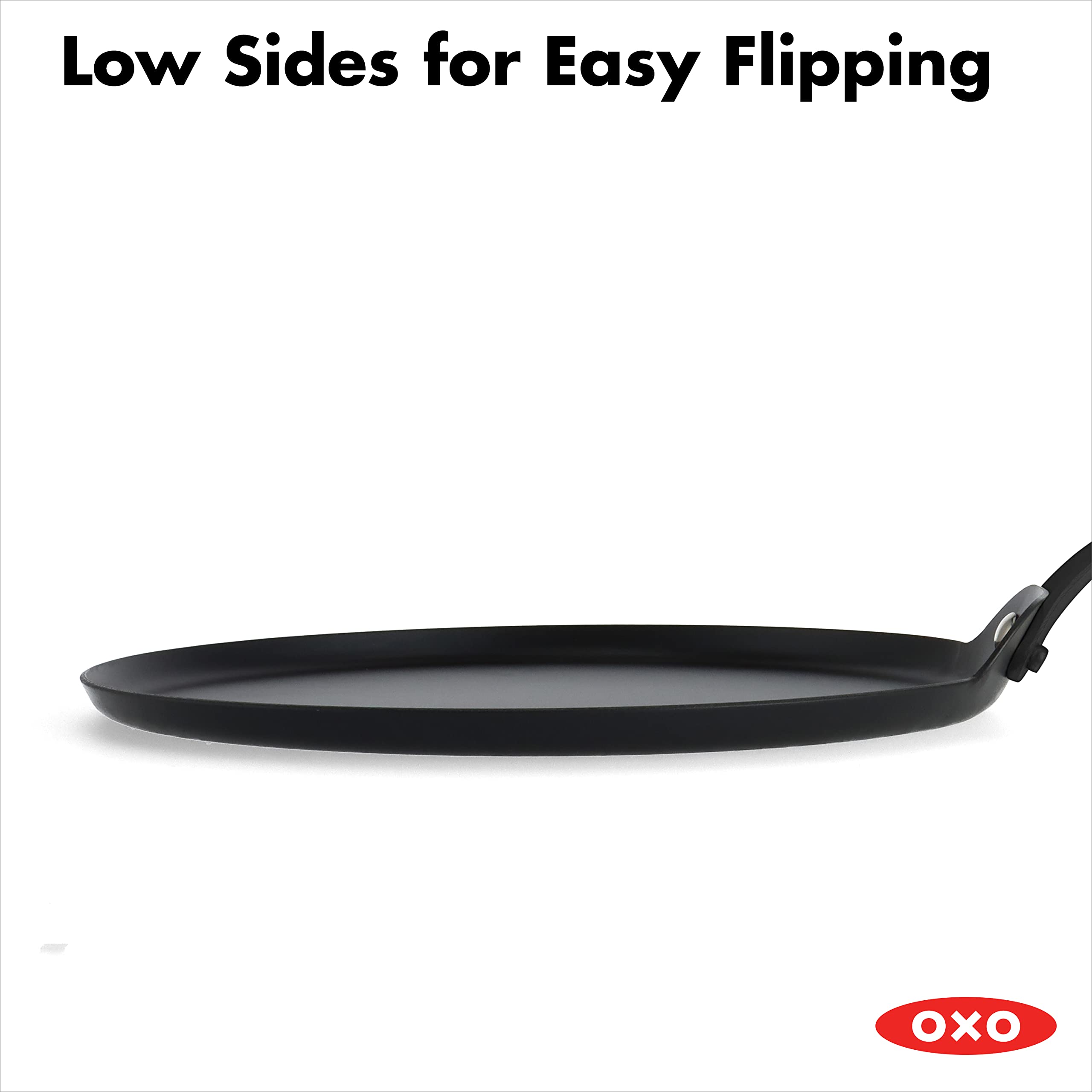 OXO Obsidian Pre-Seasoned 10-Inch Carbon Steel Crepe & Pancake Griddle Pan - Induction & Oven Safe with Removable Silicone Handle Holder - Perfect for Breakfast, Brunch & Camping Cooking - Black