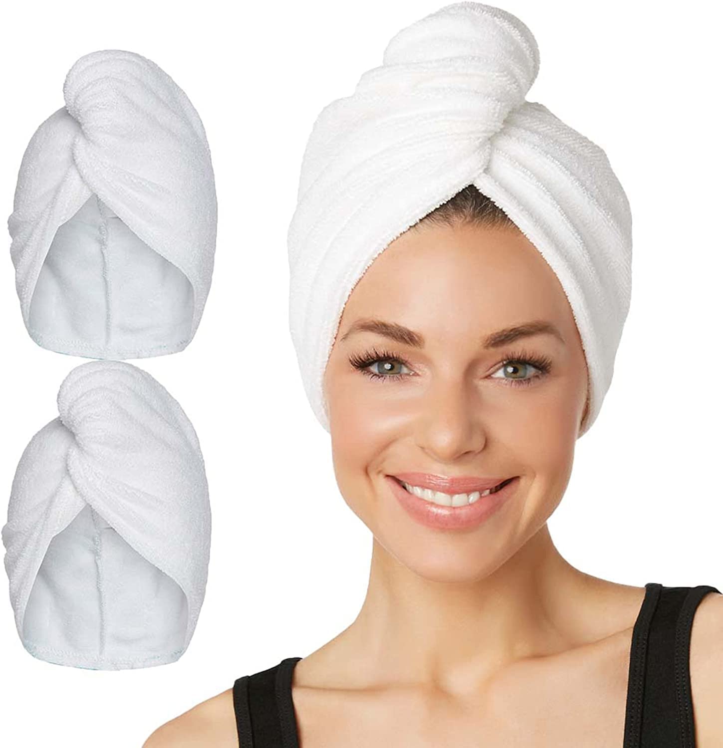VYAKOM EXPORTS 100% Cotton Quick Dry Hair Towel Wrap for Women - Super Absorbent Anti-Frizz Turban Head Wrap with Button for Curly, Long & Thick Hair (White, 1Pc) | Perfect for Post-Shower, Swimming, Salon & Home Hair Care