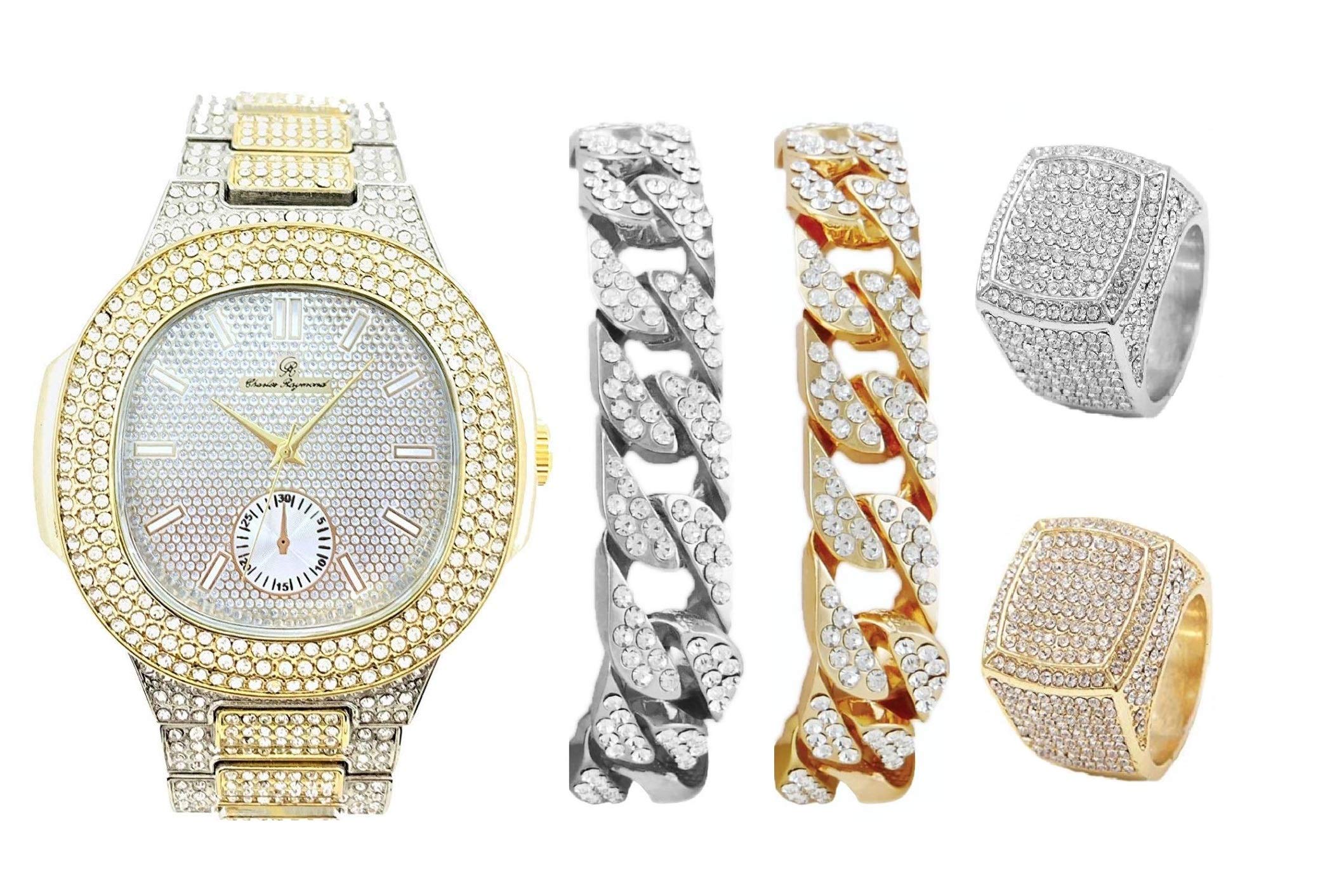 Charles Raymond Men's Luxury Watch Set - Bling Cuban Bracelet & King Ring | Stylish PP Look Watch for Men | Perfect for Parties, Gifts & Special Occasions