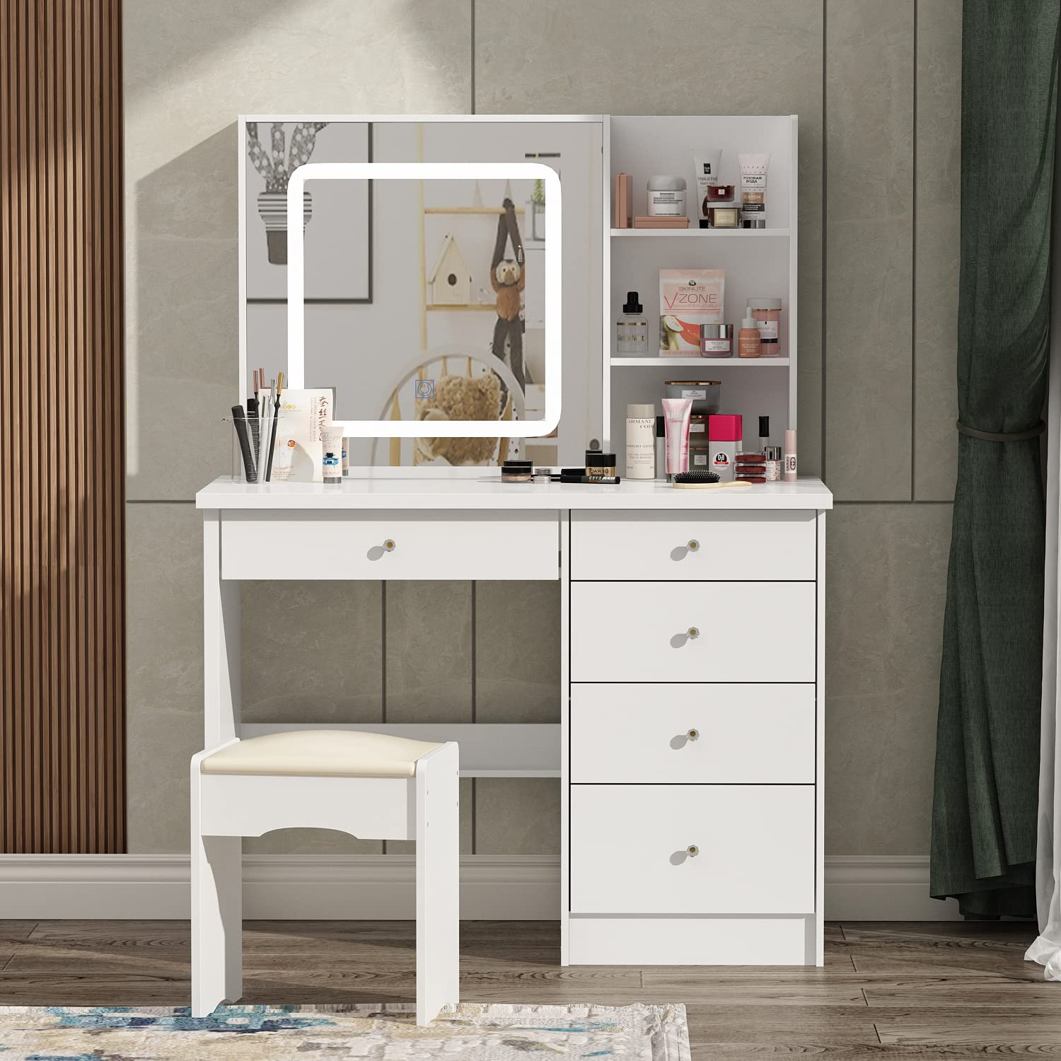 Hitow White Vanity Desk Set with LED Lighted Mirror, Makeup Dressing Table with Storage Drawer & Shelf, Includes Cushioned Stool - Perfect for Bedroom, Beauty Salon & Home Decor (Vanity Set for Women & Teens)