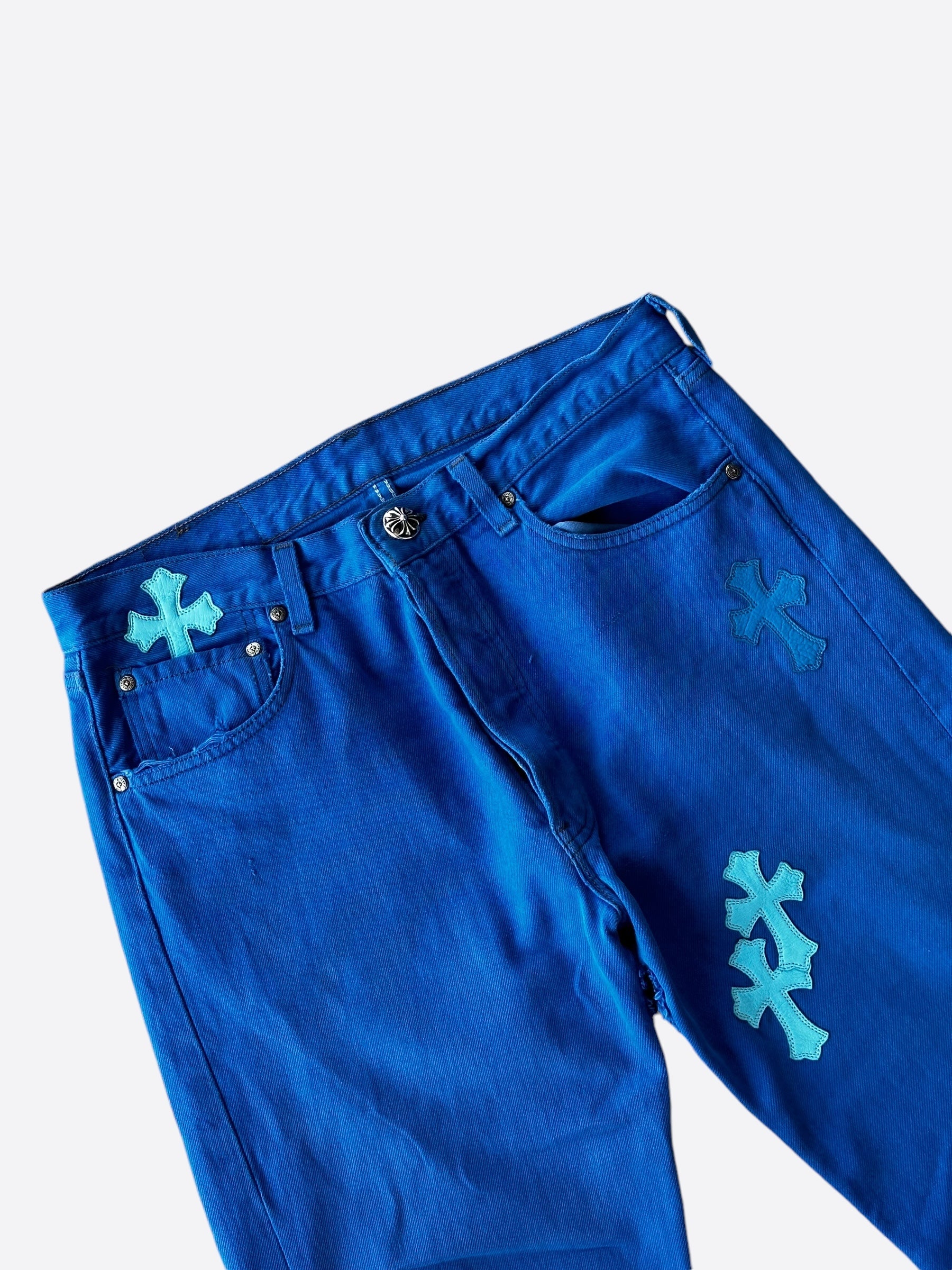 Chrome Hearts x Levi's Blue Dyed Cross Patch Jeans for Men - Stylish Distressed Denim Pants for Casual Wear & Street Fashion