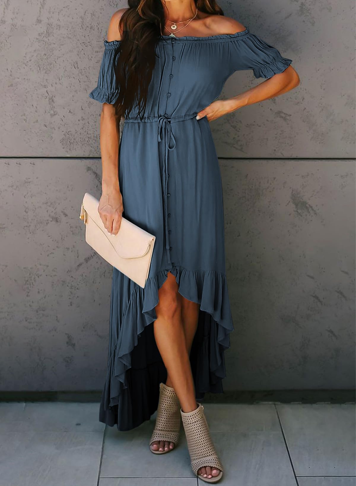 Dokotoo Women's 2024 Off Shoulder Casual Short Sleeve High Low Maxi Dress - Solid Color Cocktail Skater Dress for Summer Beach Party & Evening Out