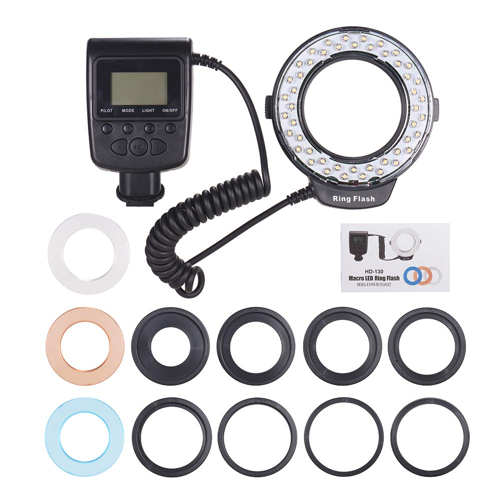 HUIOP HD-130 Macro LED Ring Flash Light with LCD Display | 3000-15000K Color Temperature | GN15 Power Control | Includes 3 Flash Diffusers & 8 Adapter Rings | Perfect for DSLR Camera Macro Photography, Product Shooting & Close-Up Portraits