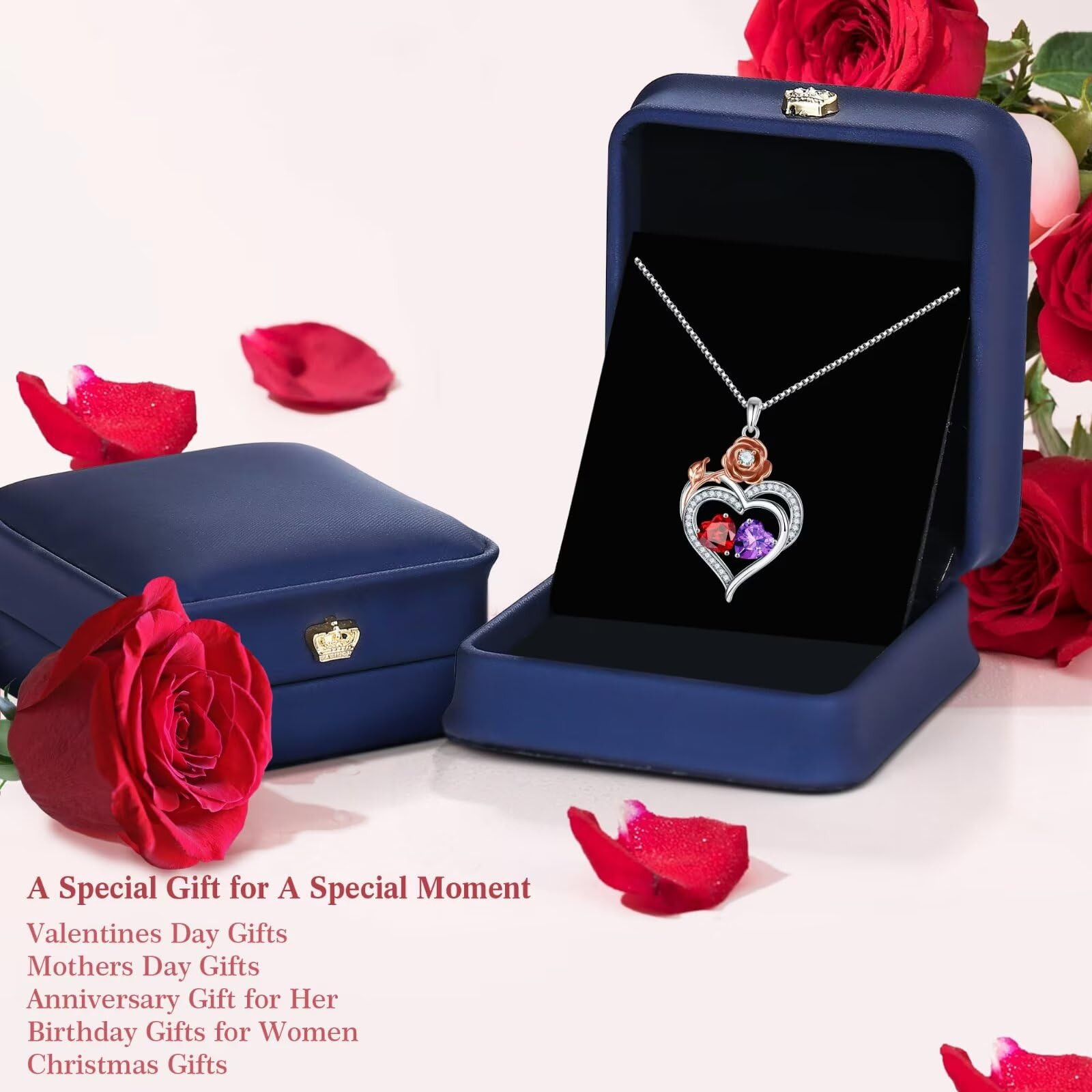 Rose Heart Birthstone Necklace for Women - Elegant Gemstone Jewelry Gift for Wife, Mom, Grandma | Valentine's Day, Mother's Day, Birthday Gift Idea | Perfect for Anniversaries, Weddings & Special Occasions