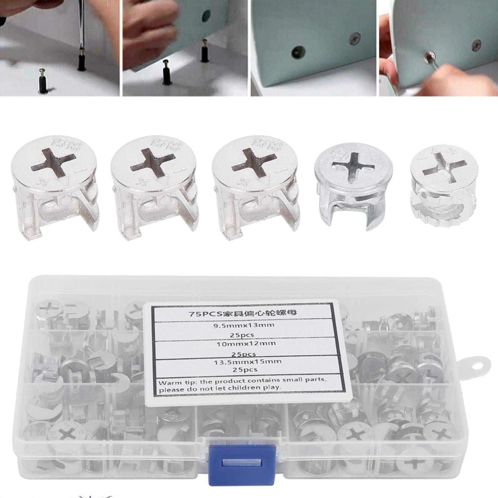 75Pcs Eccentric Cam Lock Fittings for Furniture - Carbon Steel 3-in-1 Connector Fastener Hardware Kit with Eccentric Wheel Nut Set | Perfect for DIY Furniture Assembly, Cabinet Making & Home Improvement Projects