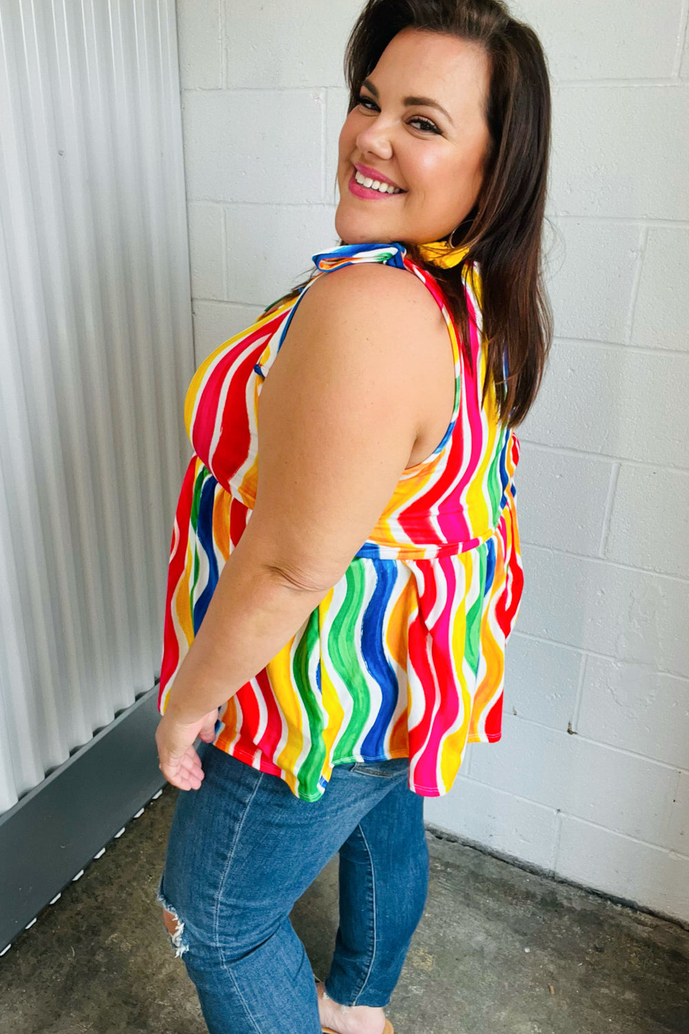 Trendy Multicolor Wavy Stripe Shoulder Tie Detail Blouse - Perfect for Summer Outfits, Beach Vacations & Casual Date Nights