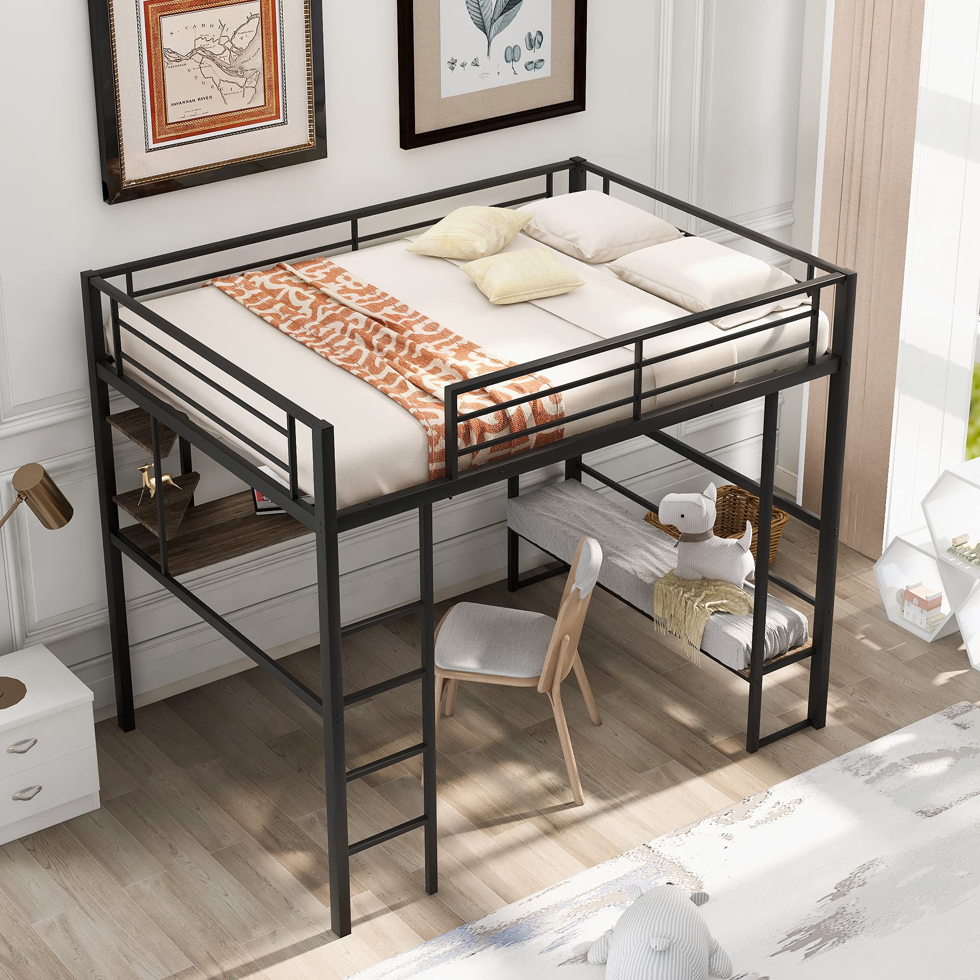 Full Metal Loft Bed with Long Desk, Shelves & Safety Guardrails - Space Saving Twin/Queen Size Bed Frame with Ladder, No Box Spring Required - Perfect for Small Apartments, Dorms & Kids Rooms