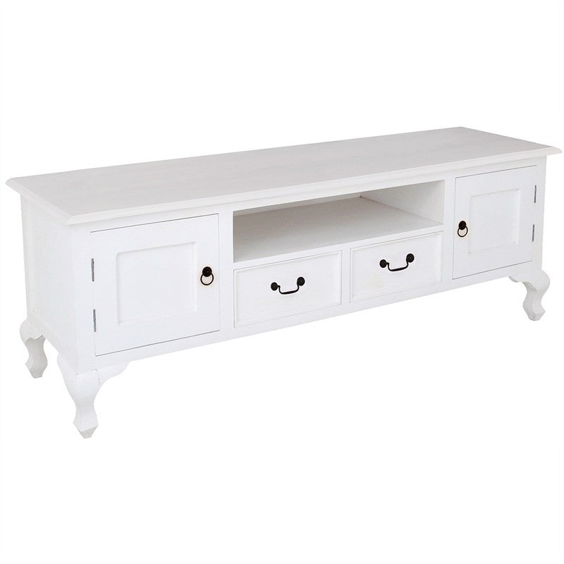 Queen Anne Solid Wood TV Stand with 2 Doors & 2 Drawers - 180cm White French Style Media Console for Living Room - Perfect for Flat Screen TVs & Home Entertainment Storage