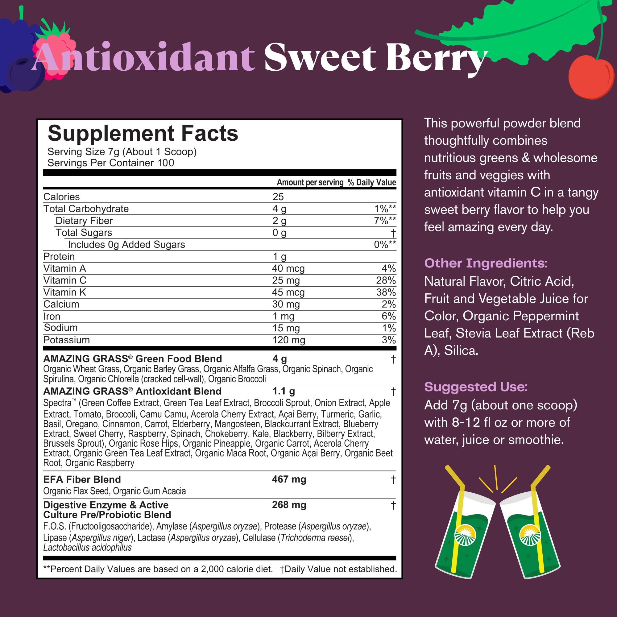 Organic Greens Superfood Powder with Spirulina, Beet Root, Elderberry & Probiotics - Antioxidant Rich, Sweet Berry Flavor, 100 Servings | Boost Energy & Immunity for Active Lifestyles