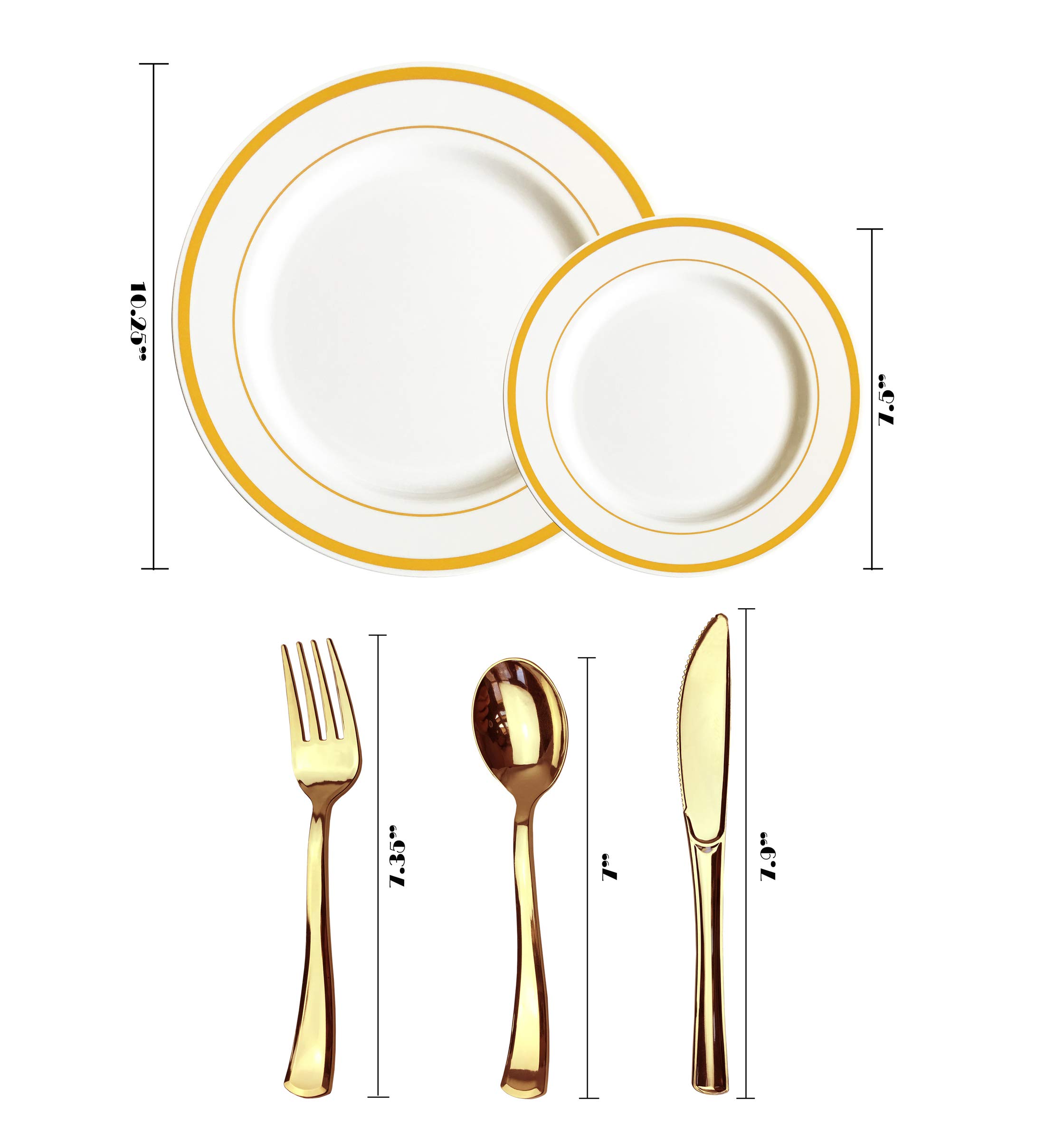 125-Piece Gold Plastic Plates & Cutlery Set - Reusable & Recyclable Dinnerware for Weddings, Parties & Events - 25 Gold Rim Plates, 25 Salad Plates & 75 Silverware Utensils - Perfect for Bridal Showers, Anniversaries & Outdoor Gatherings