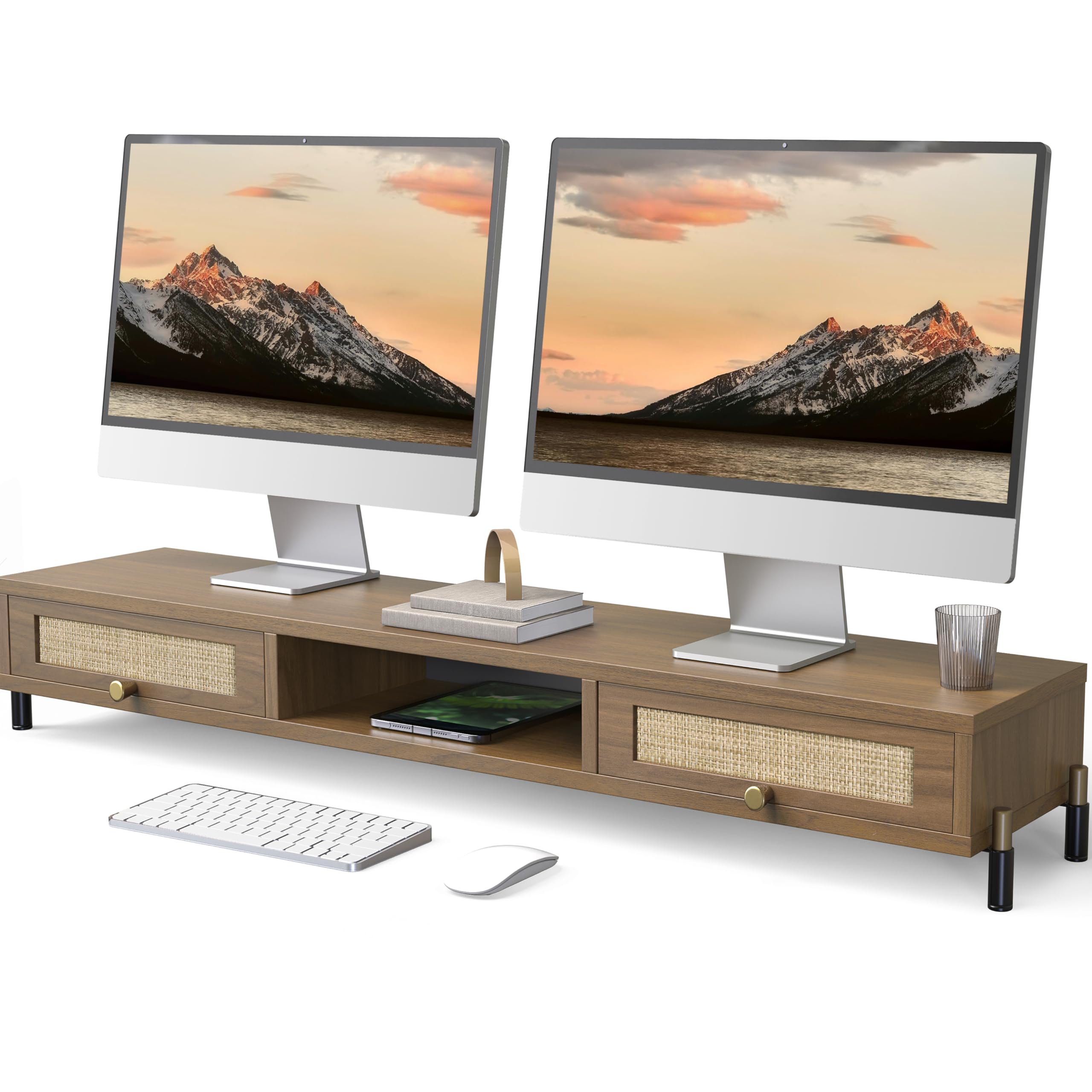 Dual Monitor Stand for Desk - Long Wooden Riser with Rattan Woven Drawer, 2 Tier Desk Shelf for 2 Monitors, Vintage Computer Stand for Laptop, Printer, TV - Perfect for Home Office, Gaming Setup & Workspace Organization