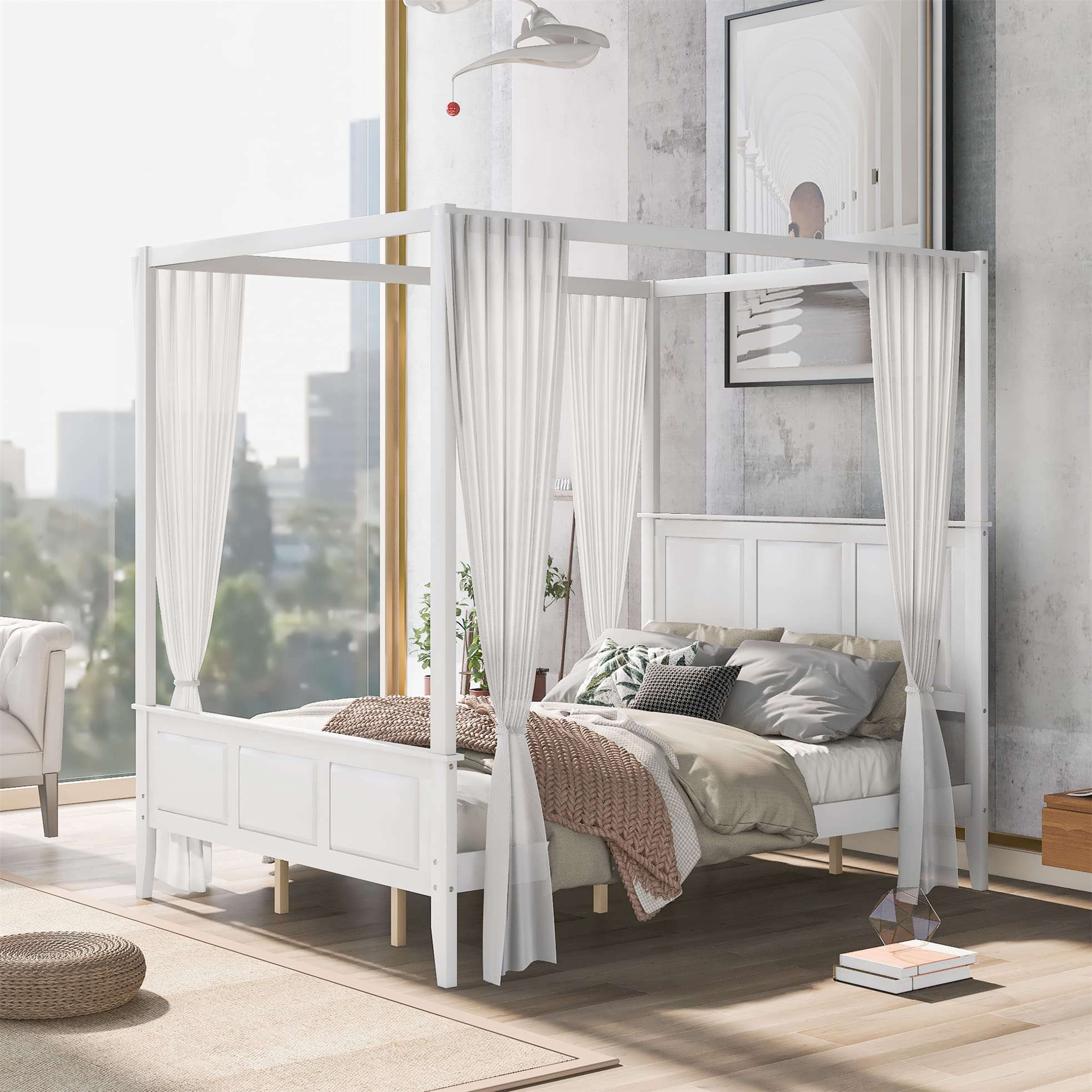 Queen Size Canopy Bed with Solid Wood Headboard & Footboard - Sturdy Wooden Slat Support Platform Bed Frame for Bedroom & Living Room | No Box Spring Needed | Elegant White Finish | Perfect for Master Bedrooms, Guest Rooms & Cozy Home Decor
