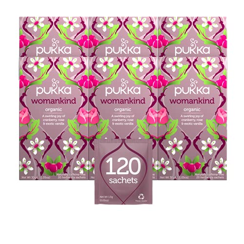 Organic Pukka Womankind Herbal Tea Bags with Shatavari, Cranberry & Rose Flower - 120 Tea Bags (Pack of 6) for Women's Wellness & Hormonal Balance - Perfect for Relaxation, Stress Relief & Daily Self-Care Rituals