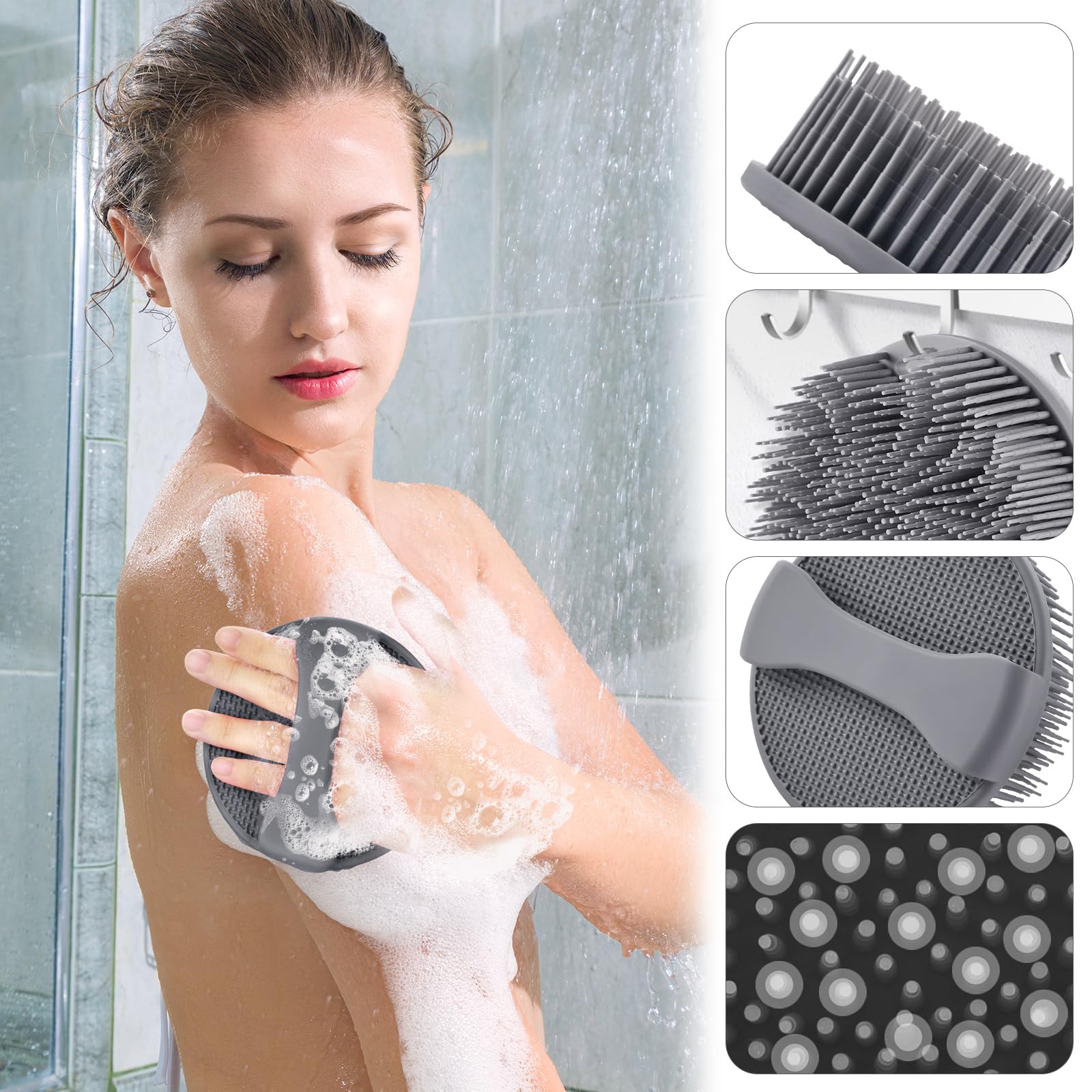 Premium Silicone Body Scrubber with Handle - Gentle Exfoliating Loofah for Shower & Bath - Gray Body Wash Massager - Perfect for Sensitive Skin & Spa Day Relaxation