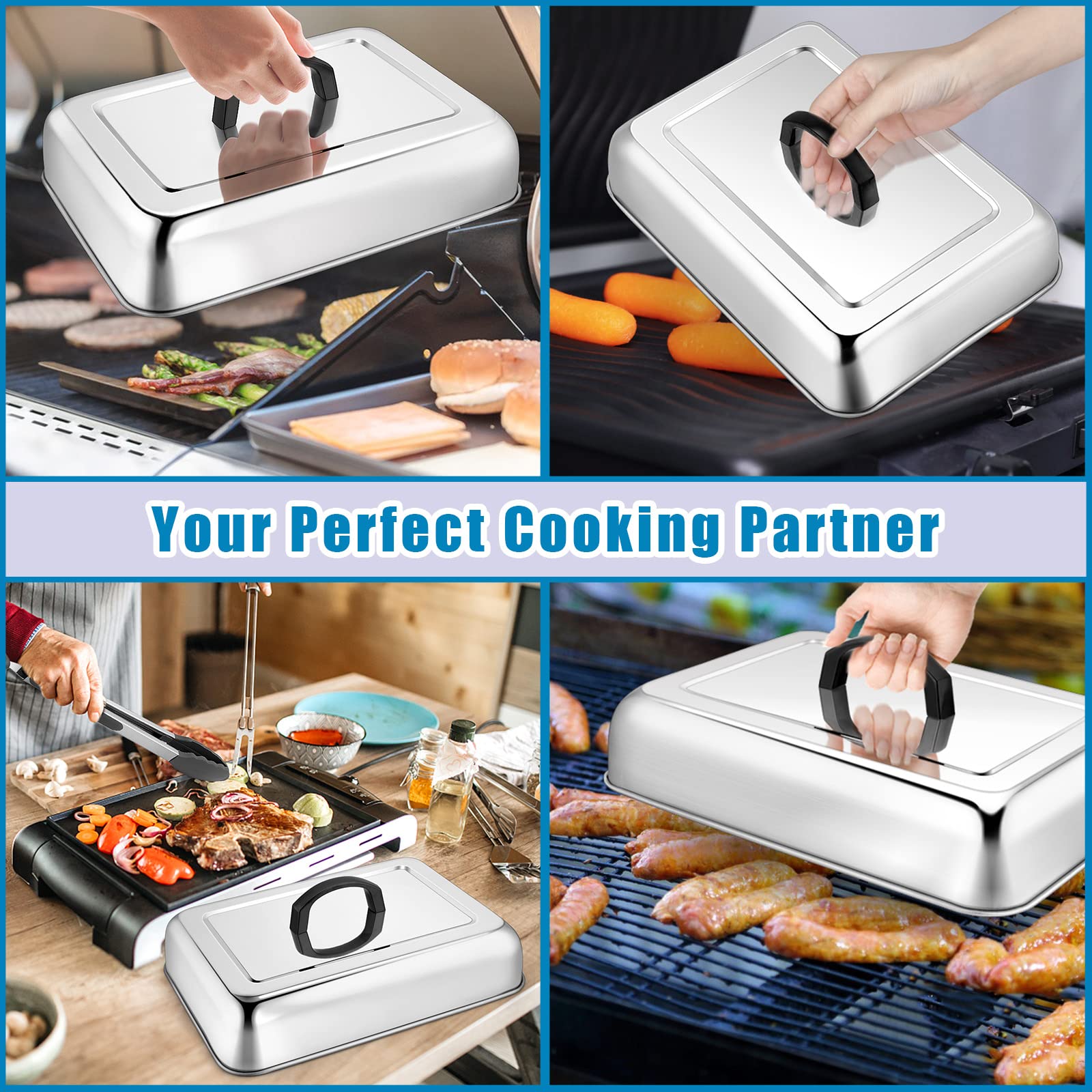 2PCS Stainless Steel Rectangular Basting Cover - Heavy Duty Cheese Melting Dome & Steaming Lid for Griddle Grill - Perfect for Flat Top BBQ, Kitchen & Outdoor Cooking - Dishwasher Safe - Ideal for Melting Cheese, Steaming Veggies & Keeping Food Warm