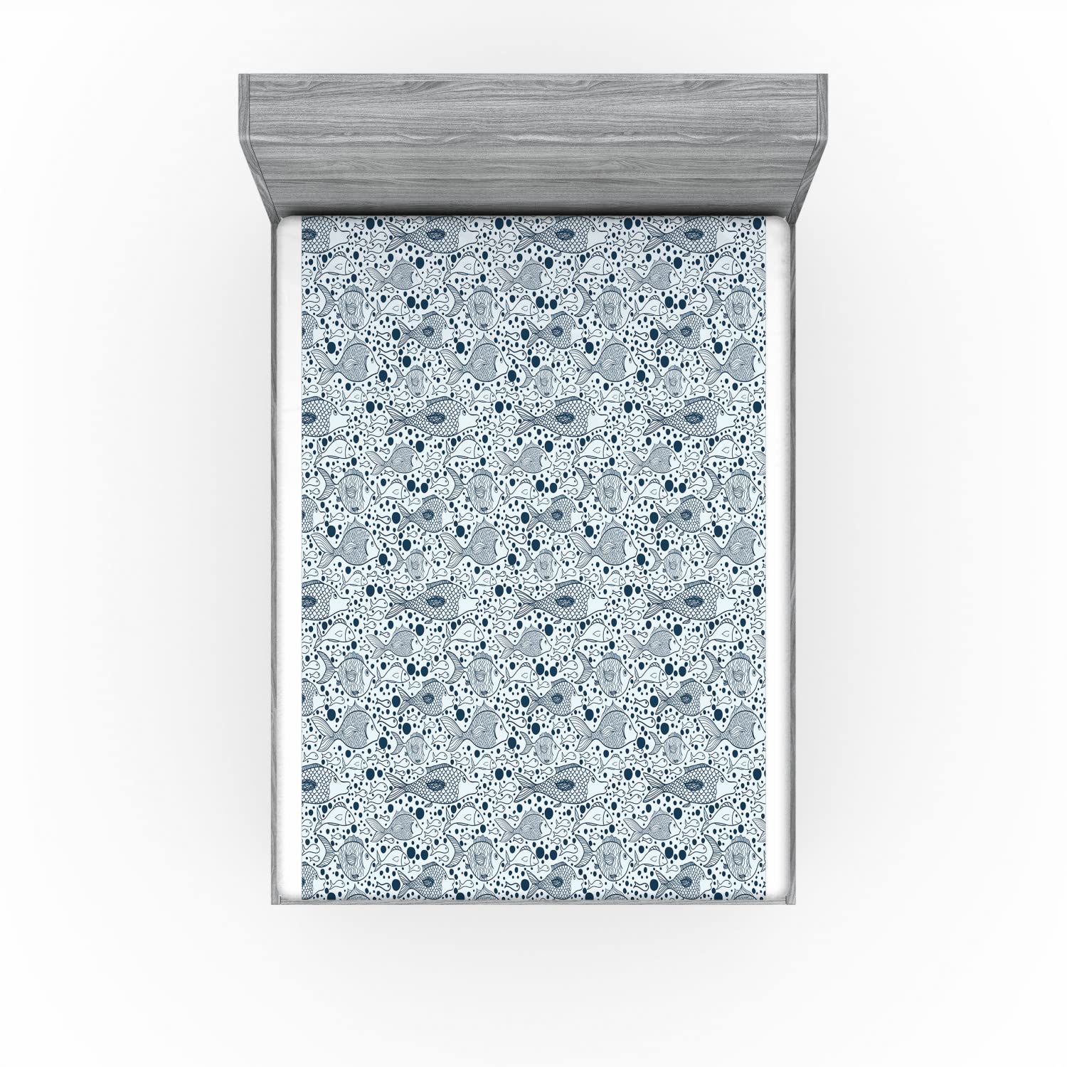 Ambesonne Blue Fitted Sheet Full Size - Underwater Sea Life Fish with Bubbles Funky Art Design, Deep Pocket Elastic All Around for Comfort - Perfect for Kids' Rooms, Beach Themed Bedrooms & Ocean Lovers