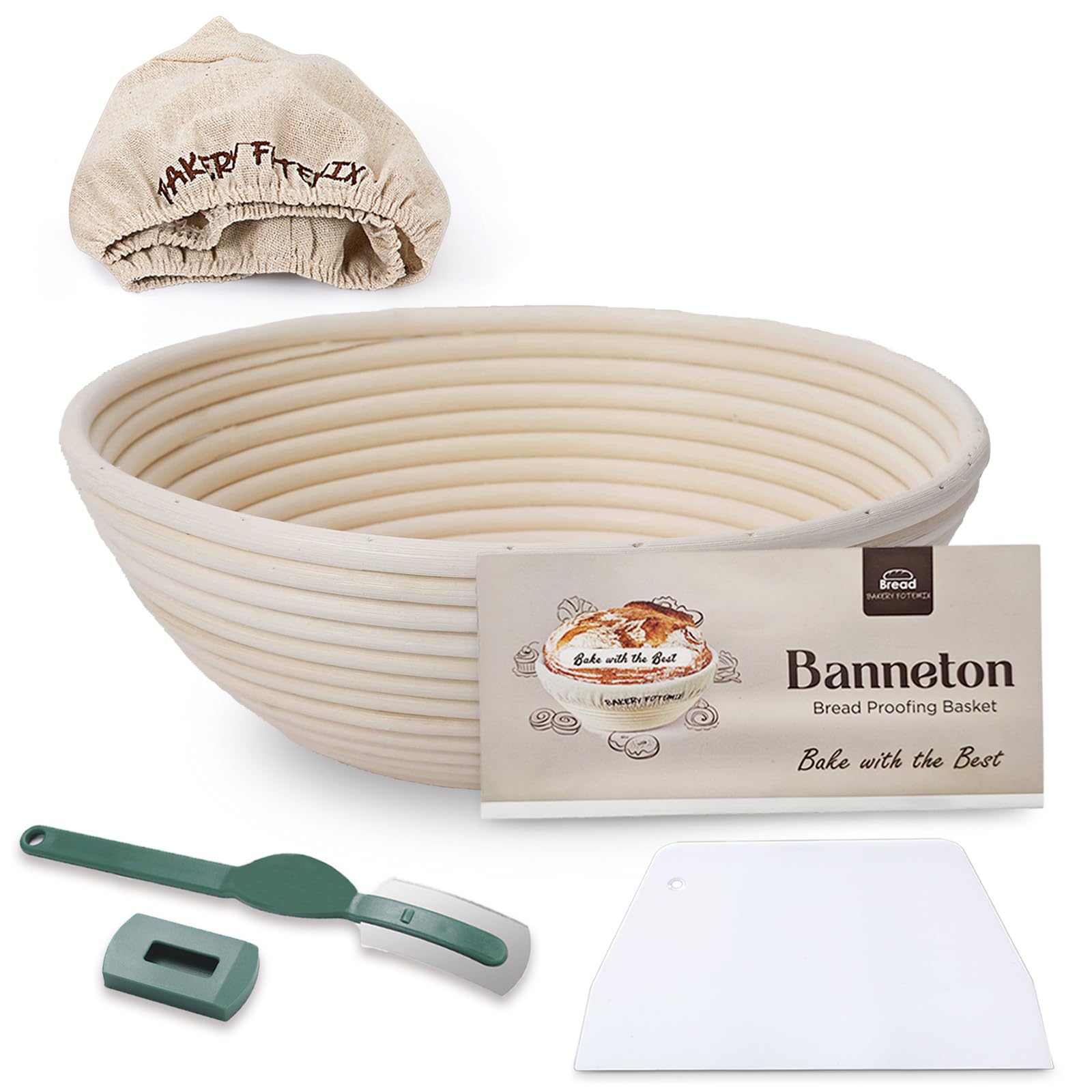 10 Inch Round Bread Proofing Basket - Large Natural Rattan Banneton for Sourdough Baking with Cloth Liner, Dough Scraper & Bread Lame | Perfect for Home Bakers & Professionals | Artisan Bread Making, Homemade Sourdough Starter Kit