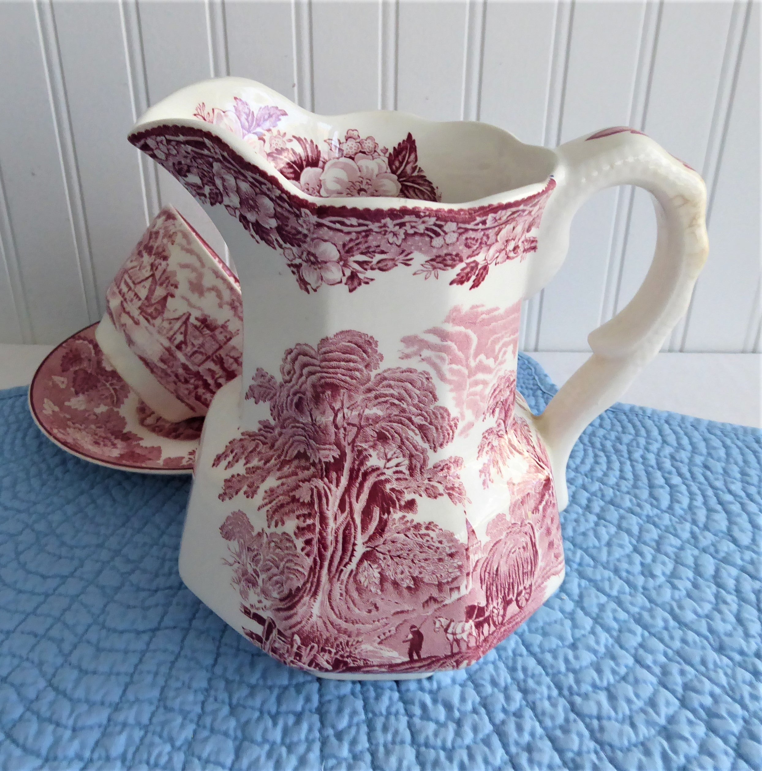 Vintage Wedgwood Woodland Pitcher - Pink & Red Transferware Jug with Farm Country Scenes (1965-1980) | Perfect for Farmhouse Decor, Tea Parties & Antique Collectors