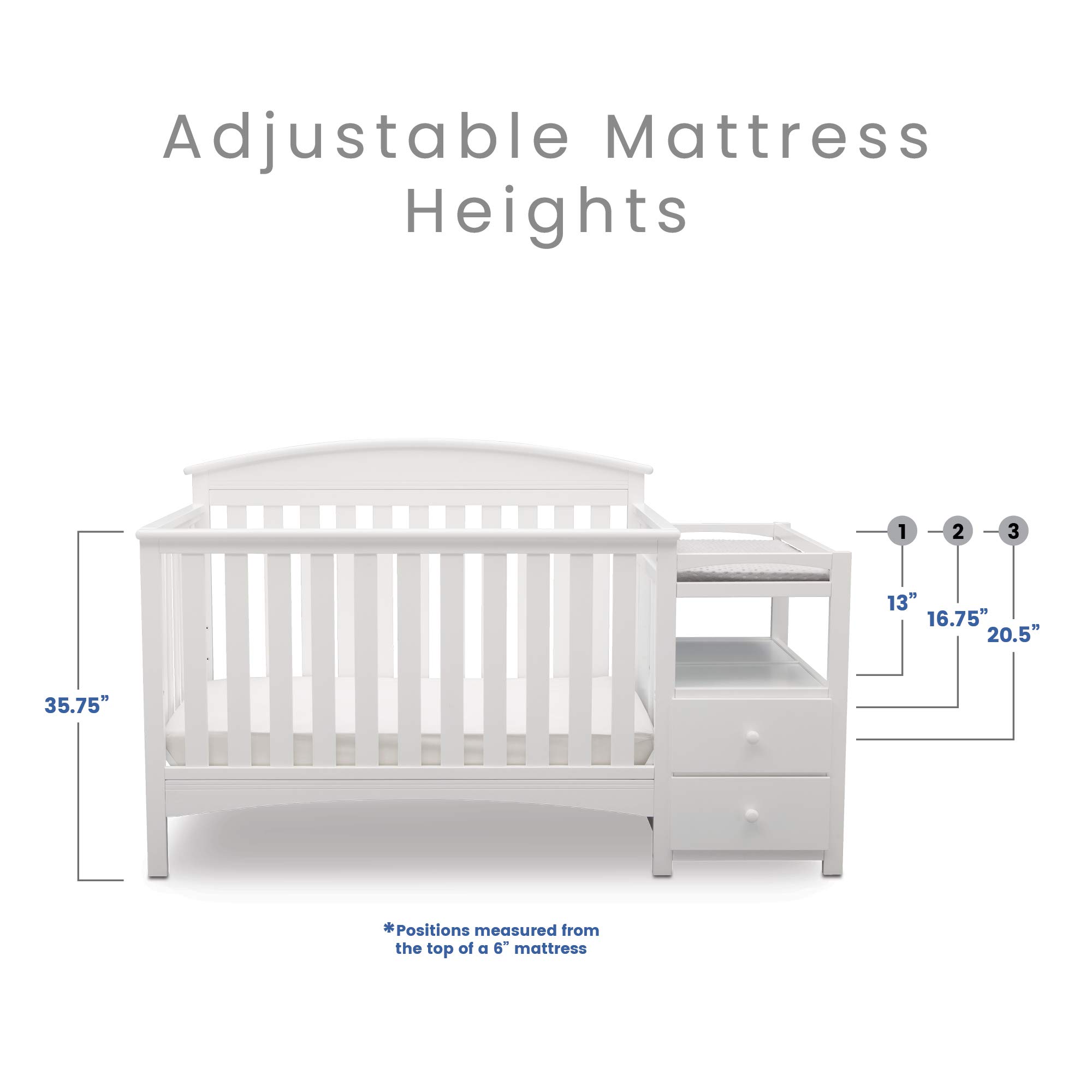Delta Children Abby Convertible Crib and Changer - Bianca White | 3-in-1 Baby Crib with Changing Table | Nursery Furniture for Newborns & Toddlers | Perfect for Small Spaces & Modern Nurseries