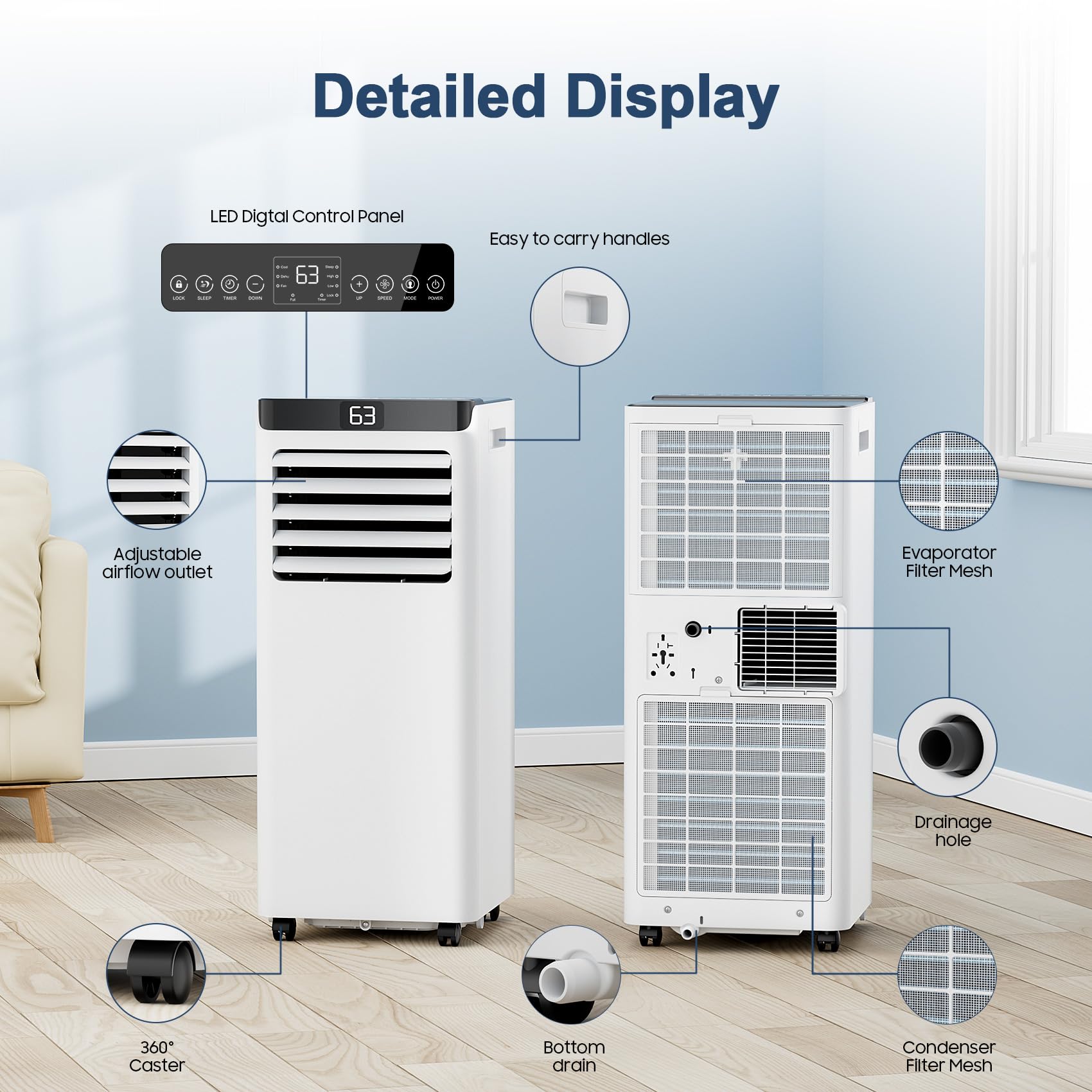8,000 BTU Portable Air Conditioner for Rooms Up to 360 Sq.Ft - Compact AC Unit with Remote Control, 4 Modes & Window Mount Kit - Perfect for Bedrooms, Offices & Small Spaces (Model 8000-07B)