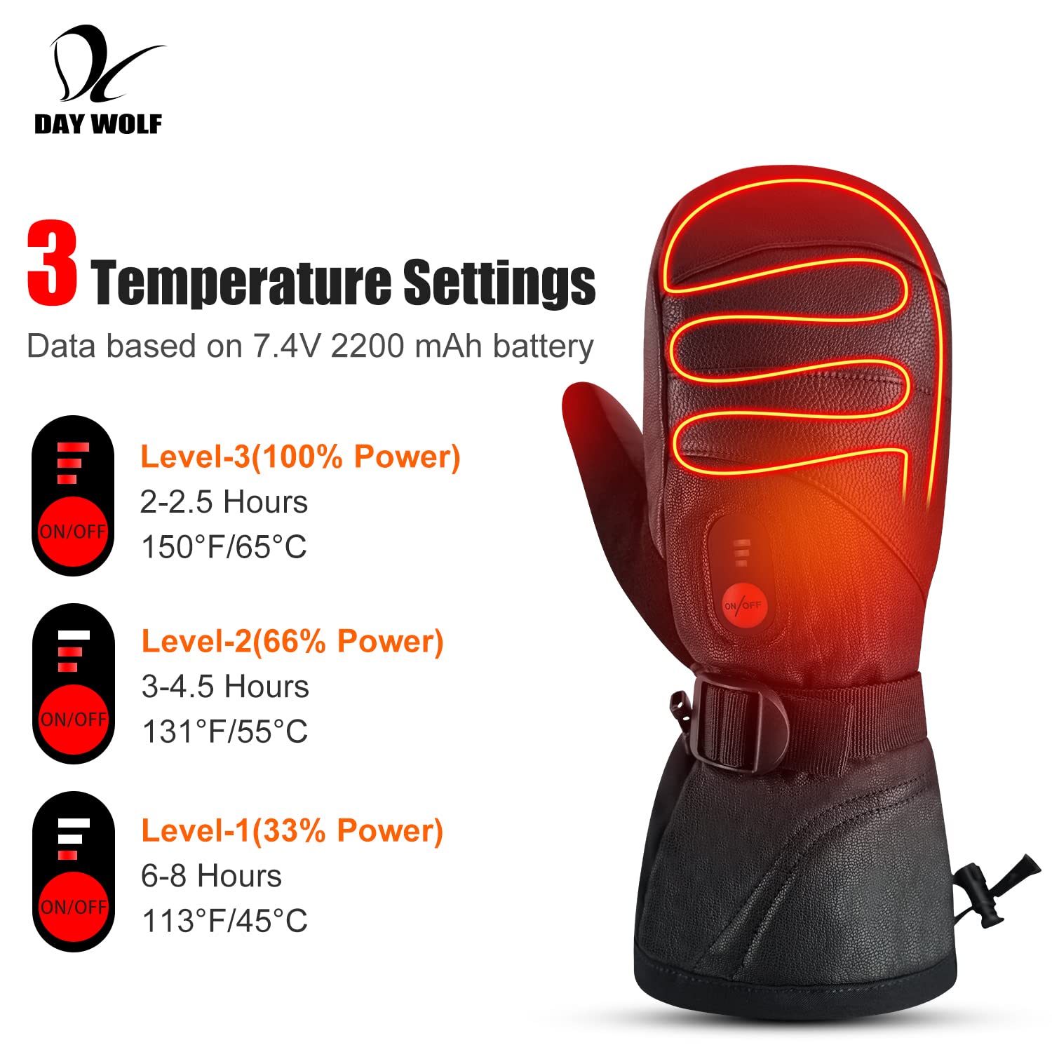 Day Wolf Heated Gloves for Men & Women - 7.4V 2200mAh Rechargeable Battery, Waterproof Winter Gloves for Skiing, Snowboarding, Camping, Hiking & Motorcycle Riding - Warm Electric Mittens for Cold Weather Outdoor Activities