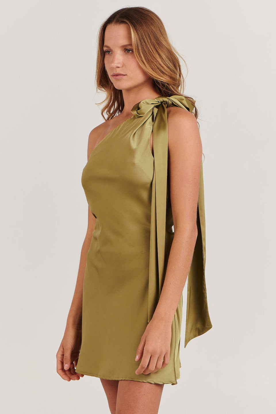 Leonie Khaki Satin One Shoulder Mini Dress for Women - Elegant Party & Cocktail Attire for Night Out, Date Night, and Special Occasions