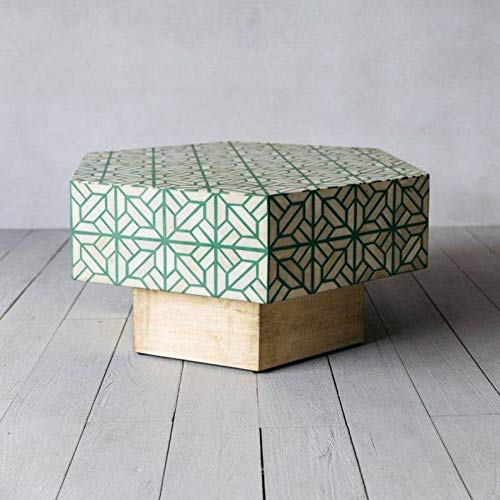 Handcrafted Antique Hexagon Bone Inlay Coffee Table with Storage - Green Ottoman Living Room Furniture for Home Decor | Perfect for Lounge, Living Spaces & Modern Interior Design