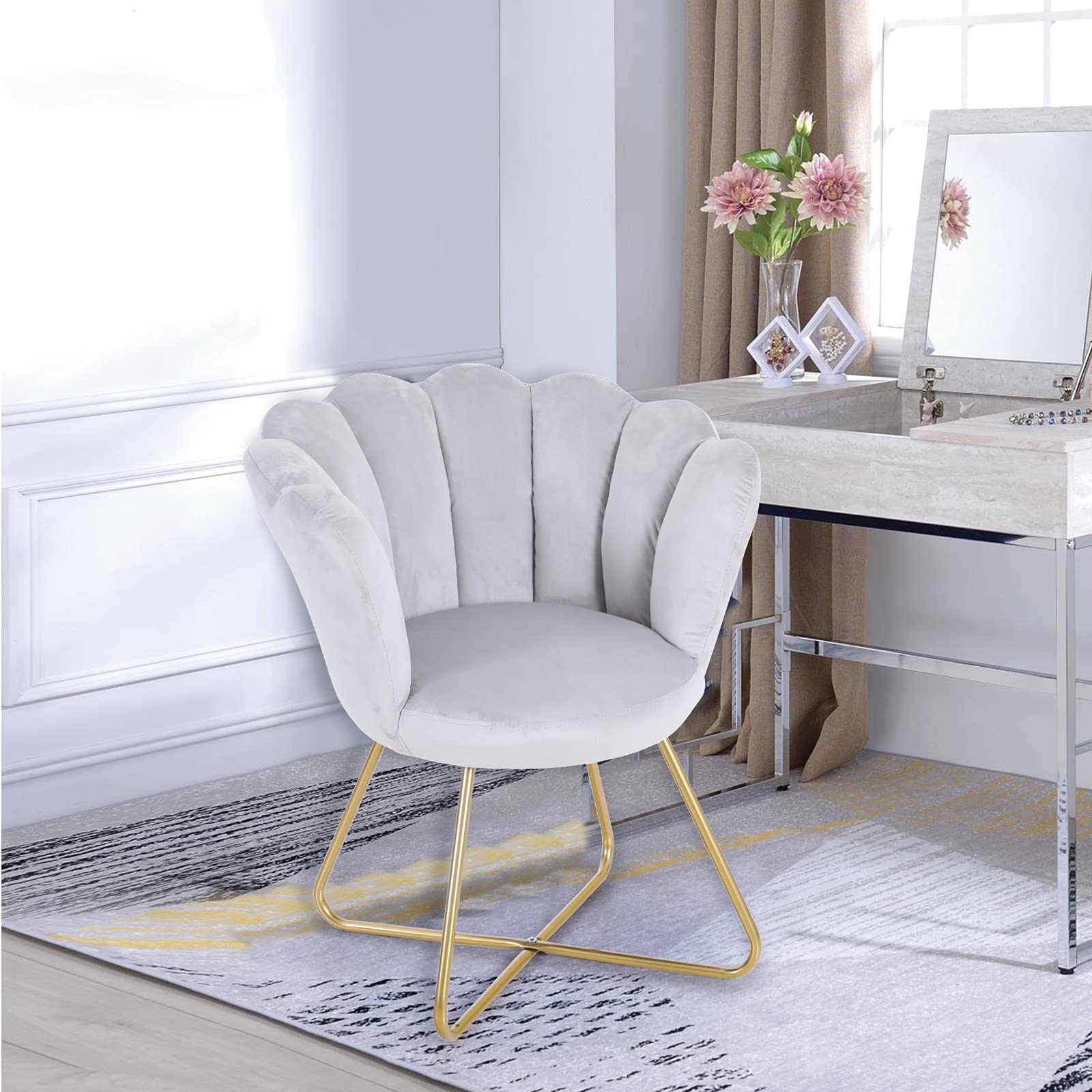 Sophia & William Velvet Accent Chair - Modern Upholstered Mid-Back Makeup Vanity Chair with Gold Metal Legs, Grey - Perfect for Living Room, Bedroom & Guest Reception Areas