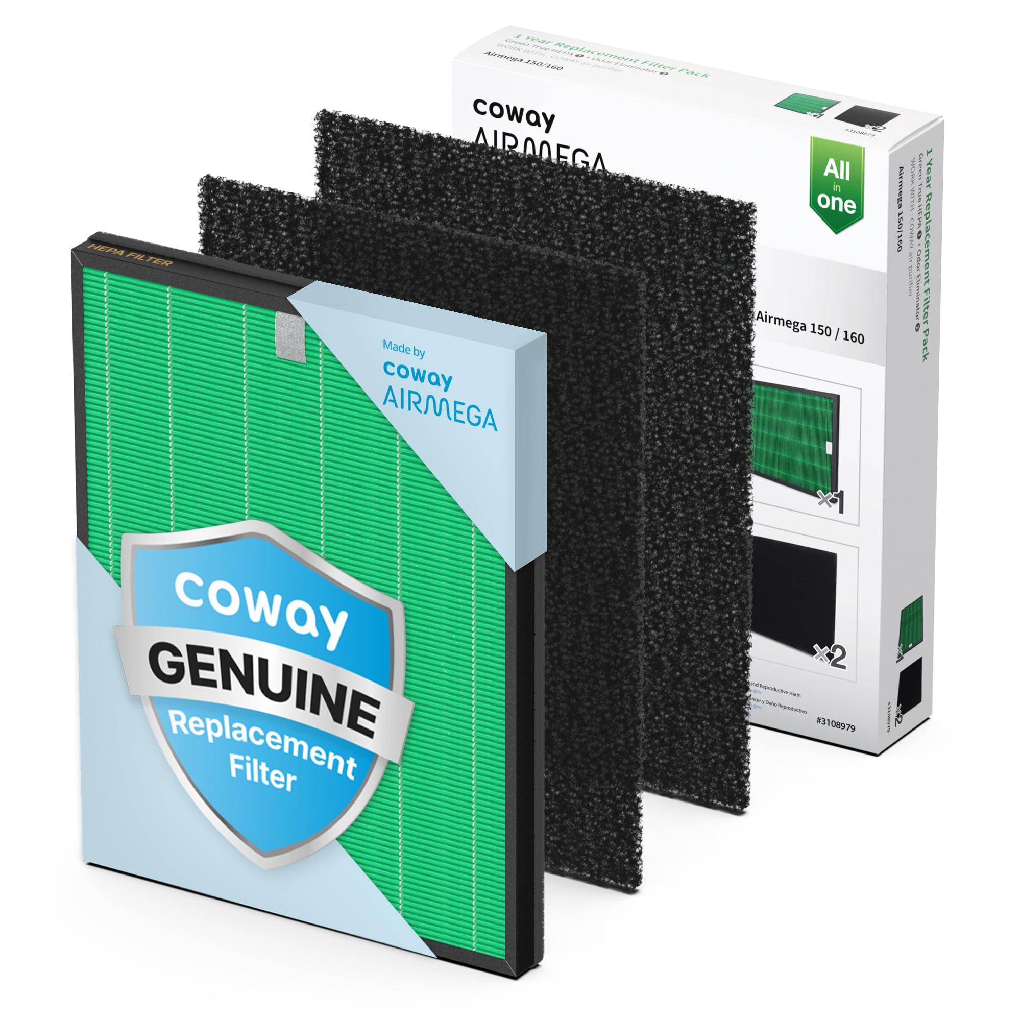 Coway Airmega 150 Air Purifier Replacement Filter Set - 2 Pack True HEPA & Activated Carbon Filters for AP-1019C-FP - Eliminates Dust, Pollen & Odors - Perfect for Home, Office & Allergy Relief