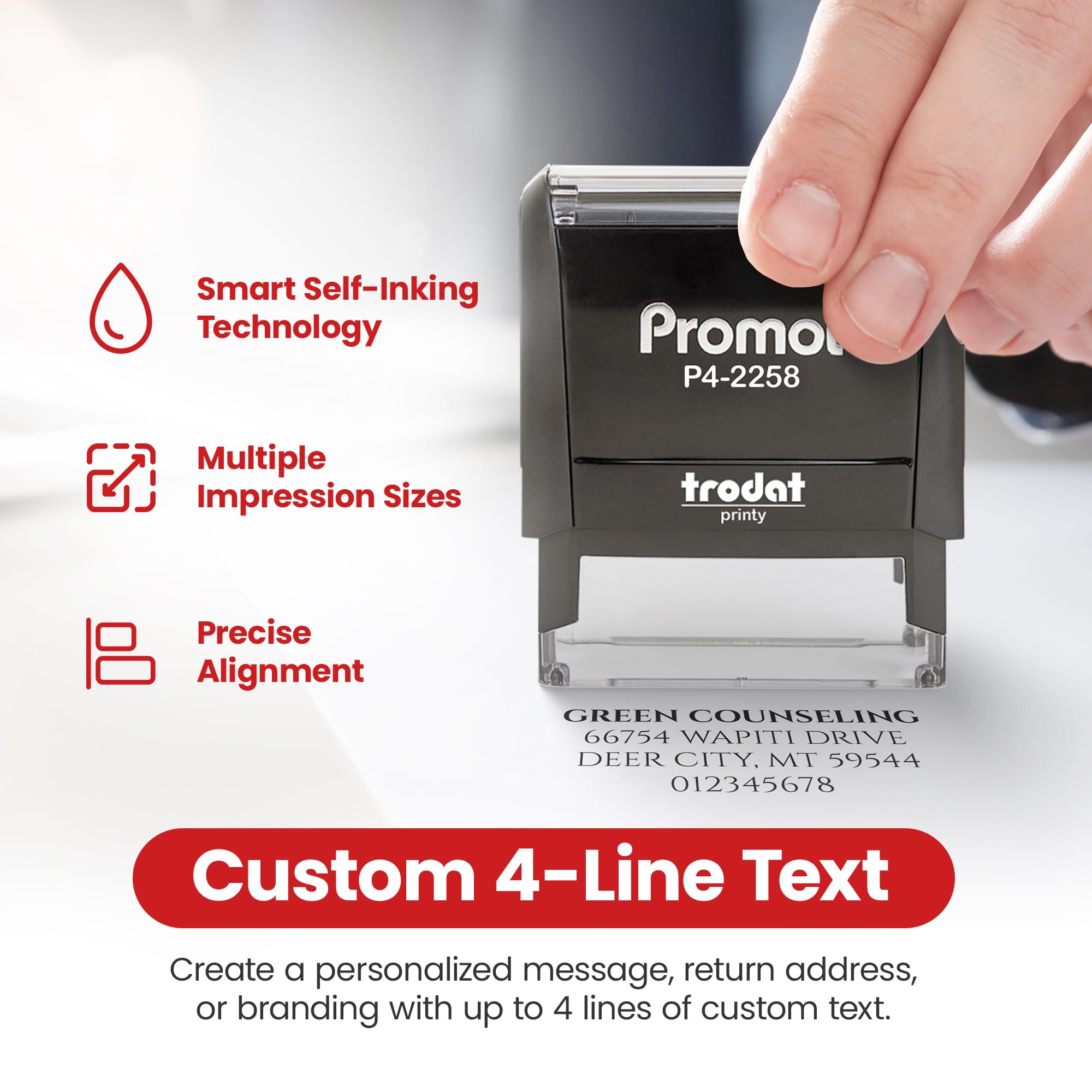 Custom Self-Inking Stamp - Personalized Address Stamp with 4 Lines of Text, Easy Ink Replacement, Large Office Stamp for Business, Home & Mail Organization