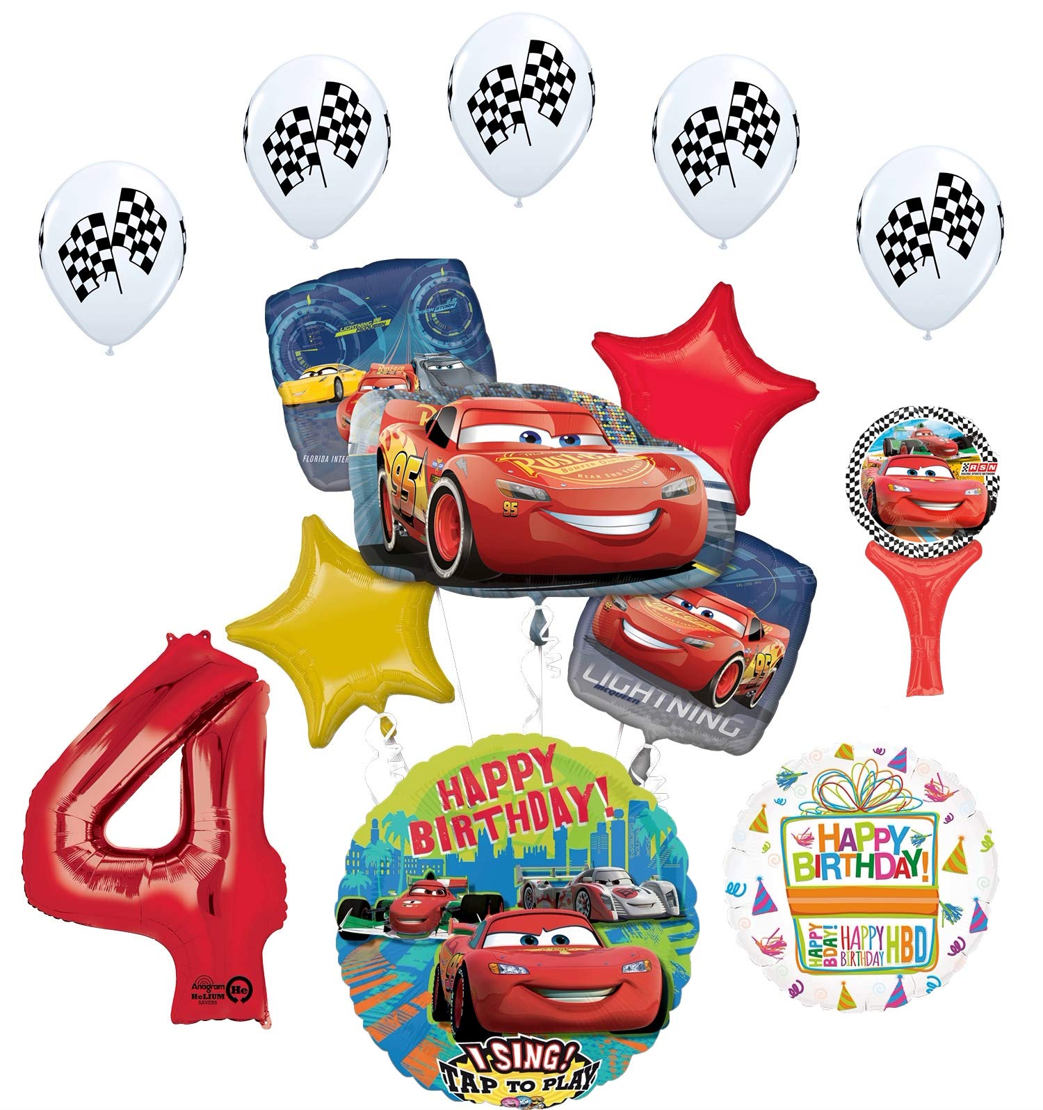 Lightning McQueen Cars Themed 4th Birthday Party Supplies - Sing A Tune Balloon Bouquet Decorations for Kids' Birthday Party Decor
