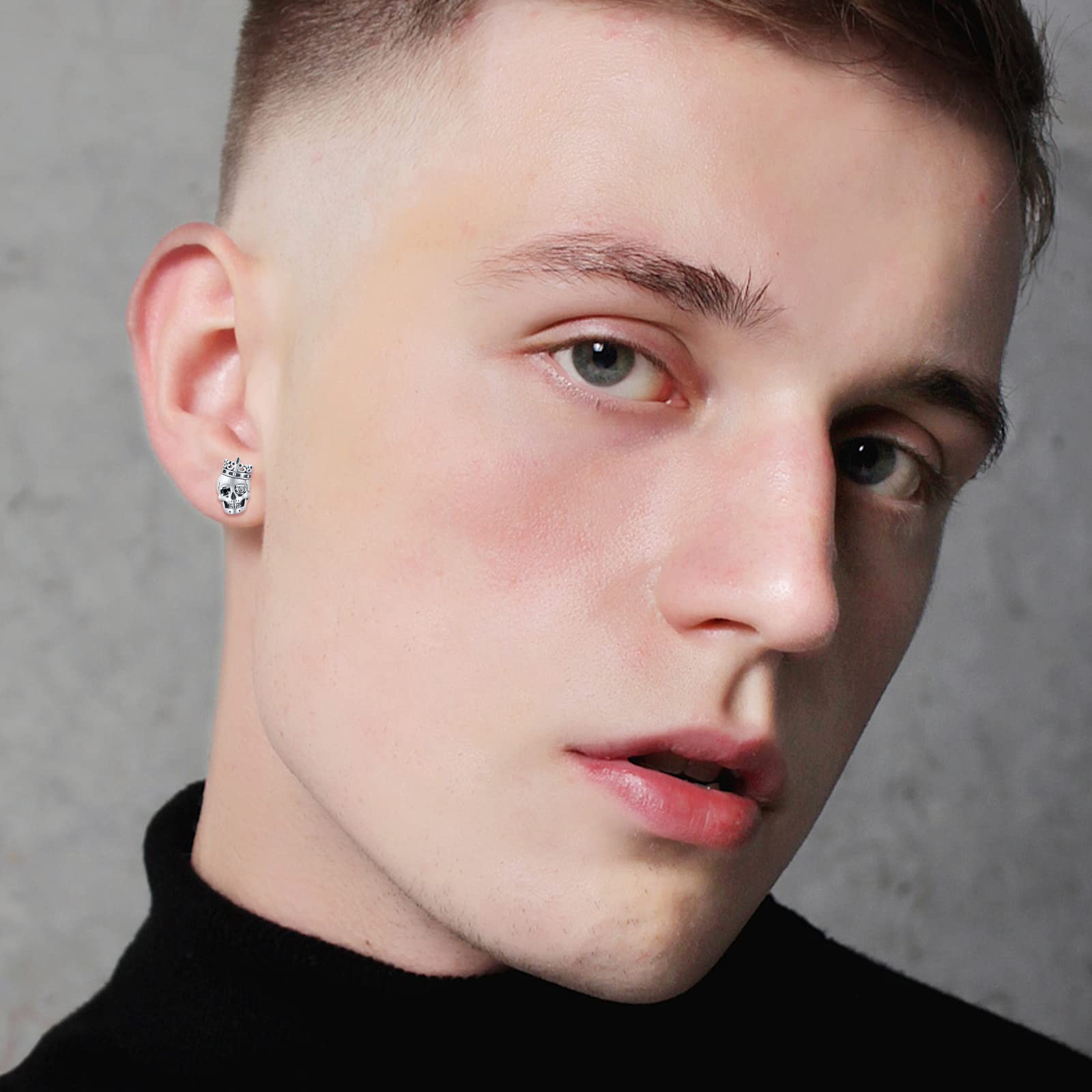 Sterling Silver Skull Flower Stud Earrings with CZ Stones - Gothic Punk Jewelry for Men & Women - Perfect Gift for Father's Day, Mother's Day, Halloween & Alternative Fashion Lovers