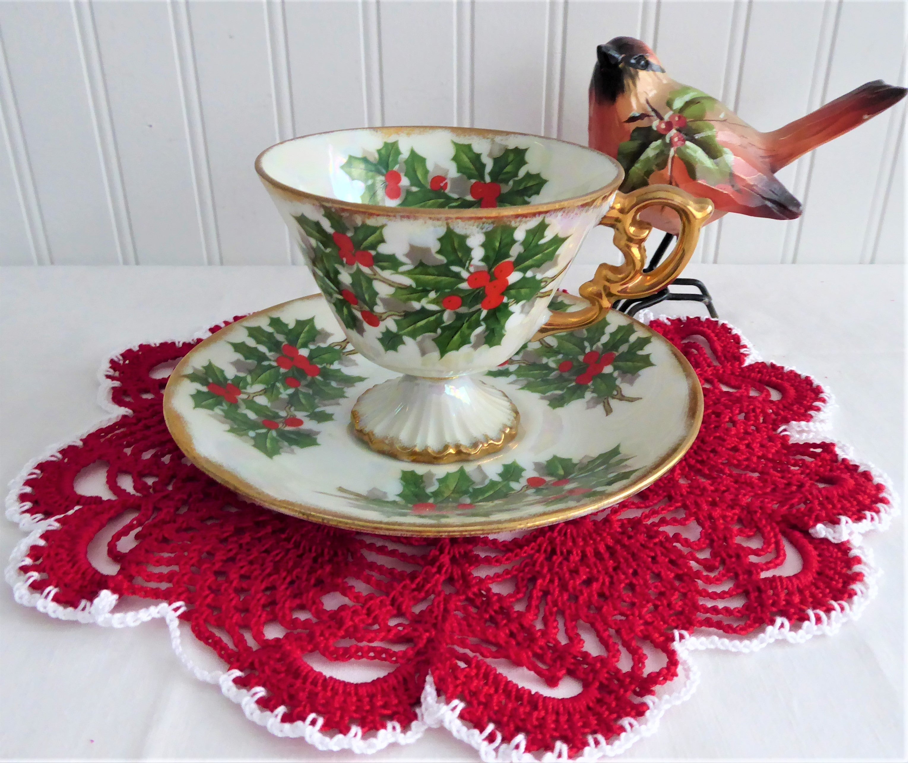 Vintage Norcrest Holly Cup and Saucer Set - Japanese Luster Christmas China from 1950s - Perfect for Holiday Tea Parties, Vintage Collectors & Christmas Decor