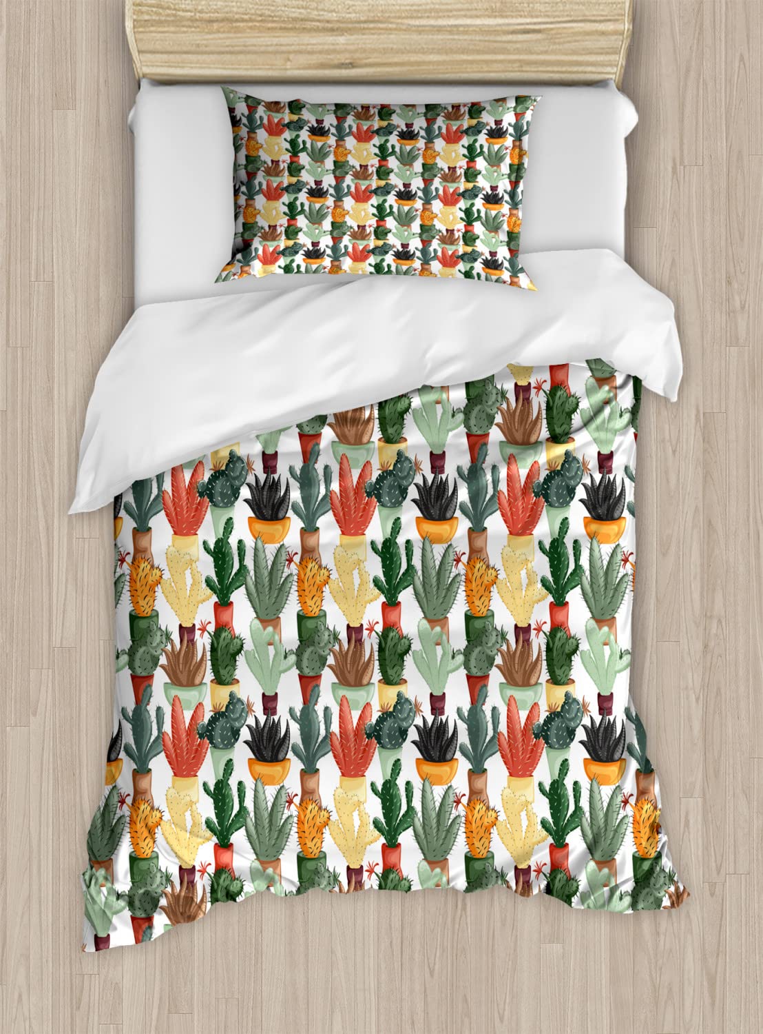 Ambesonne Cactus Duvet Cover Set - 2 Pack Cal King Size, Mexican Succulent Botanical Print Bedding with 4 Pillowcases, Green & Brown House Plant Design for Modern Bedroom Decor | Perfect for Guest Rooms, Vacation Homes & Plant Lover's Bedroom