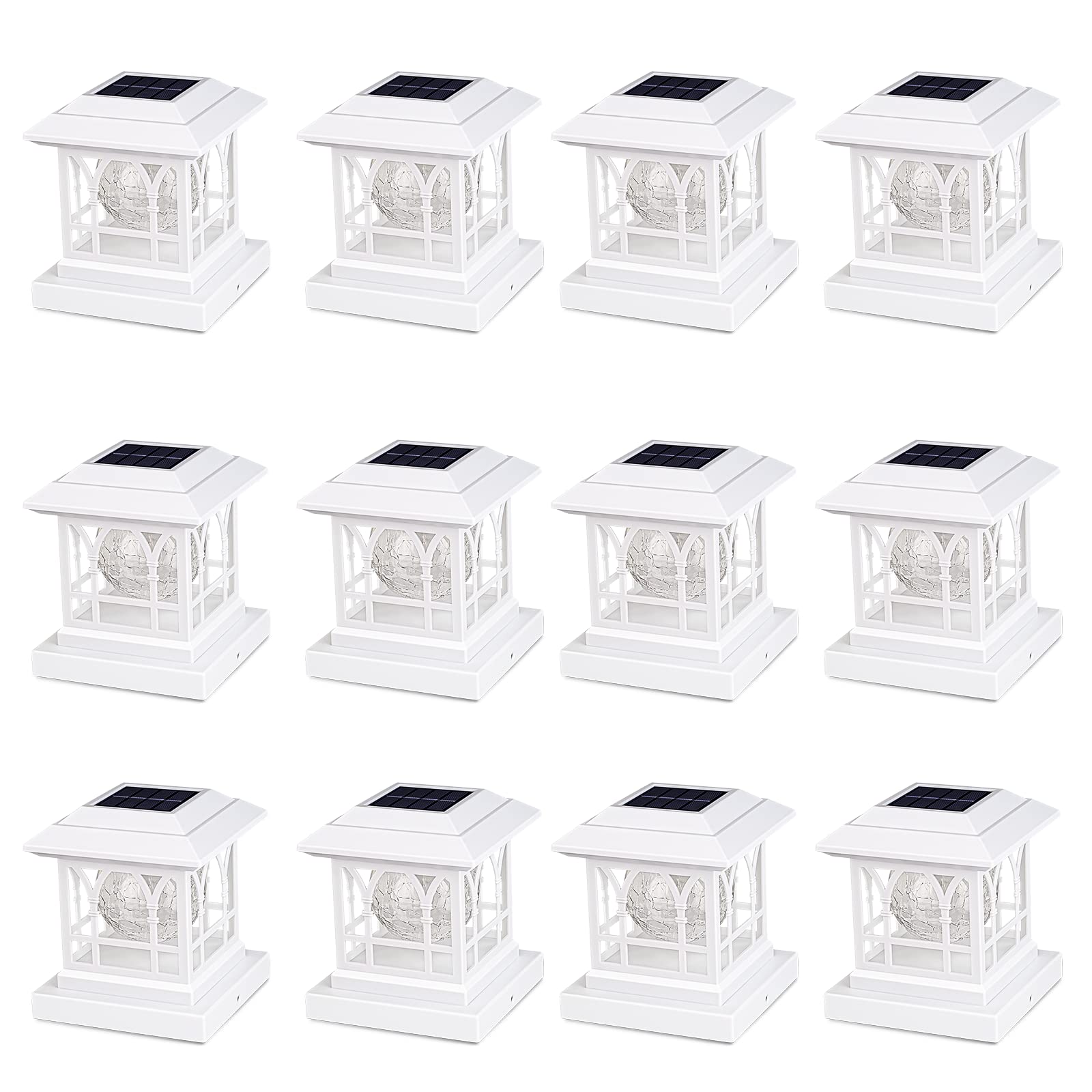 Solar Post Cap Lights - 12 Pack Warm White & RGB Color Changing, IP65 Waterproof, 20 Lumens, Cracked Glass Design for 3.6x3.6