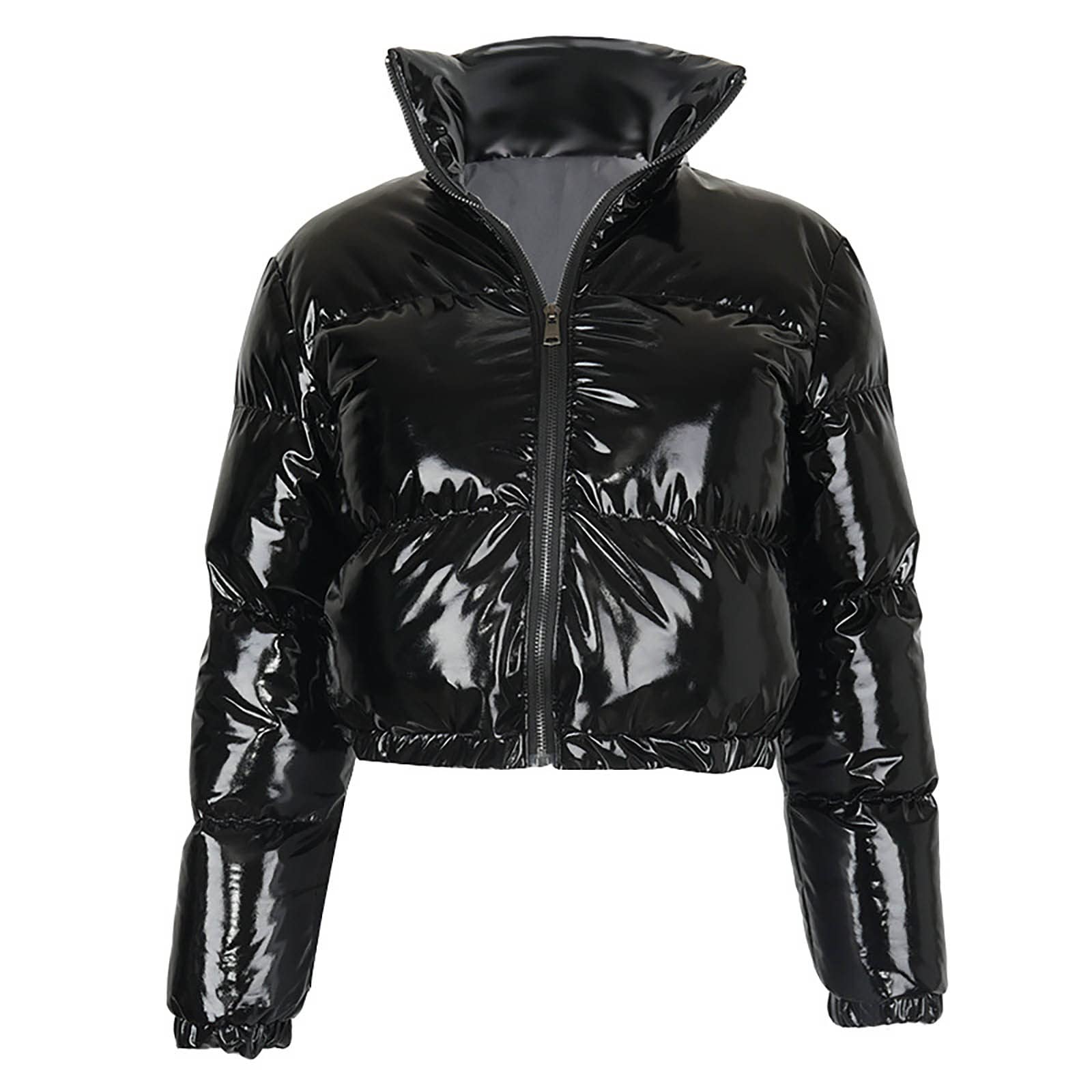 Stylish Solid Mirror Zipper PU Leather Stand Collar Cardigan - White Duck Down Jacket Coat for Girls | Winter Fashion Outerwear for School & Casual Wear