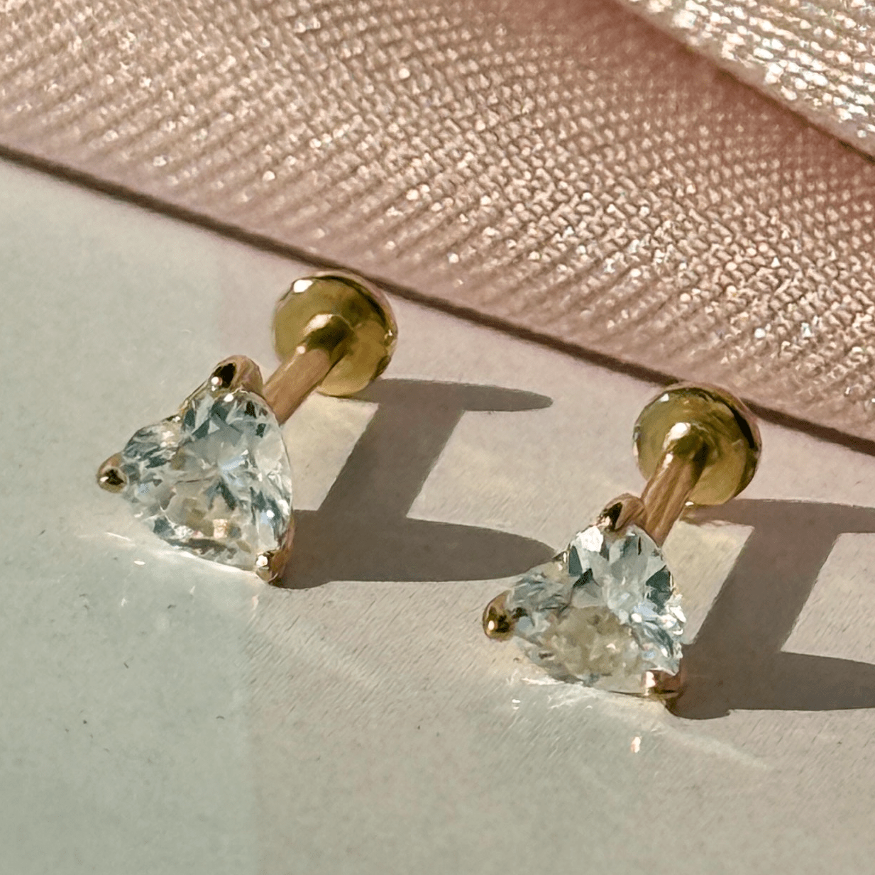 14K Yellow Gold Stone Heart Flat Back Stud Earrings - Minimalist Dainty Jewelry for Women - Perfect for Everyday Wear, Gifts & Special Occasions