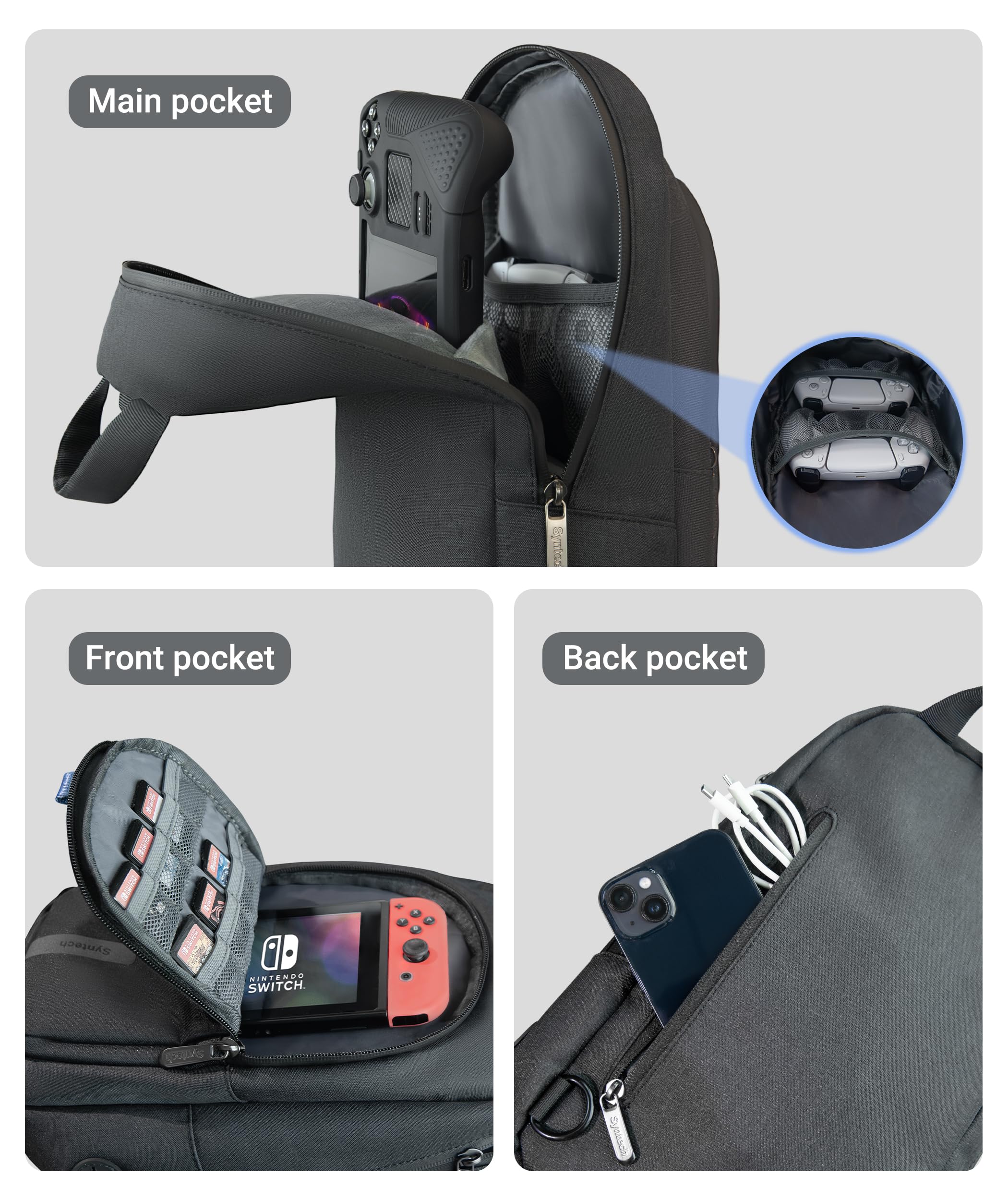Syntech Portable Travel Sling Bag for Steam Deck OLED, ROG Ally X, Legion Go S, Nintendo Switch 2 & PS Portal - Large Storage Gaming Console Carrying Case with Accessory Pockets - Perfect for Travel, Commuting & Gaming On-The-Go (Black)