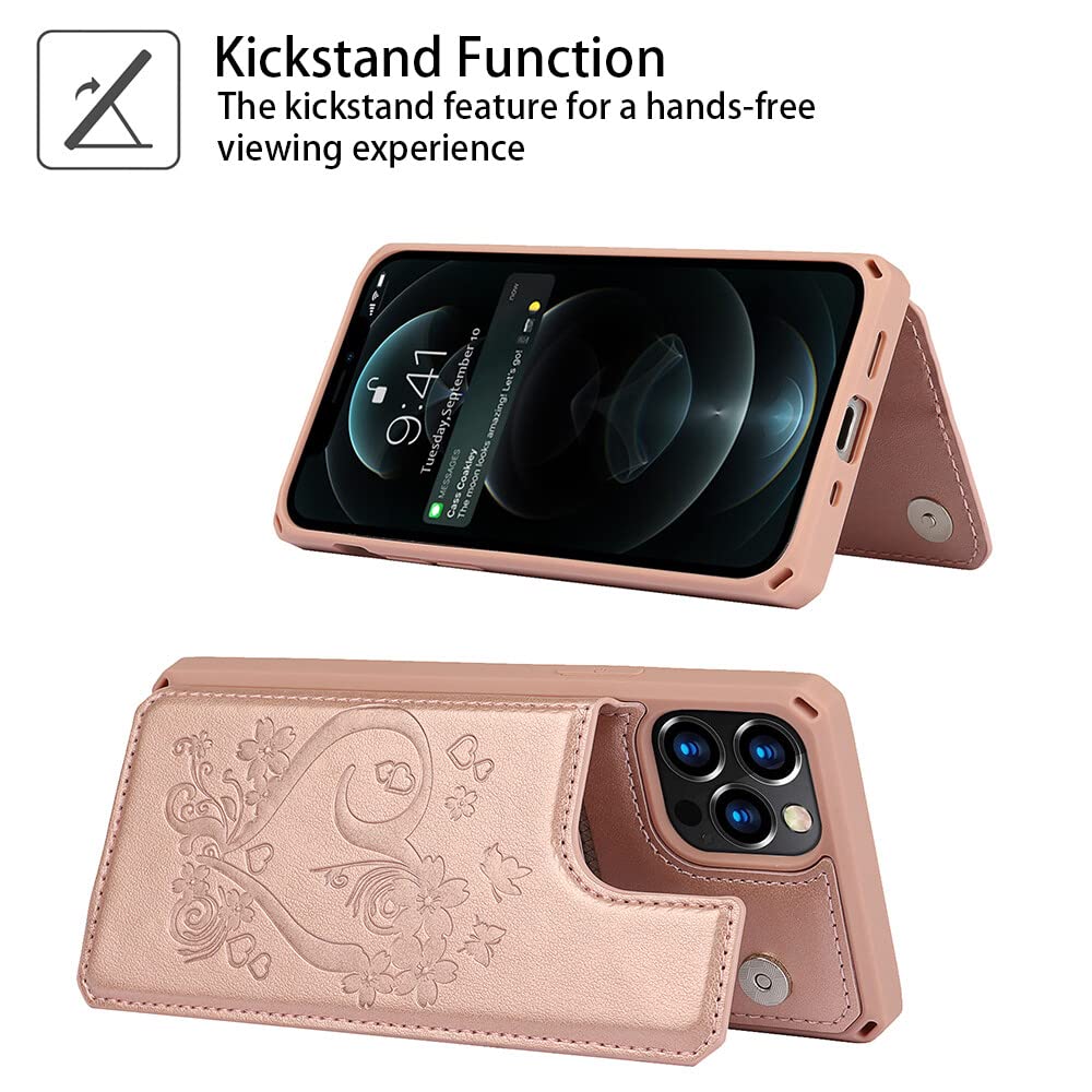 Premium Leather Wallet Case for iPhone 12/12 Pro - Shockproof Protective Cover with Card Holder, Stand & Wrist Strap (Rose Gold) | Perfect for Business, Travel & Everyday Use