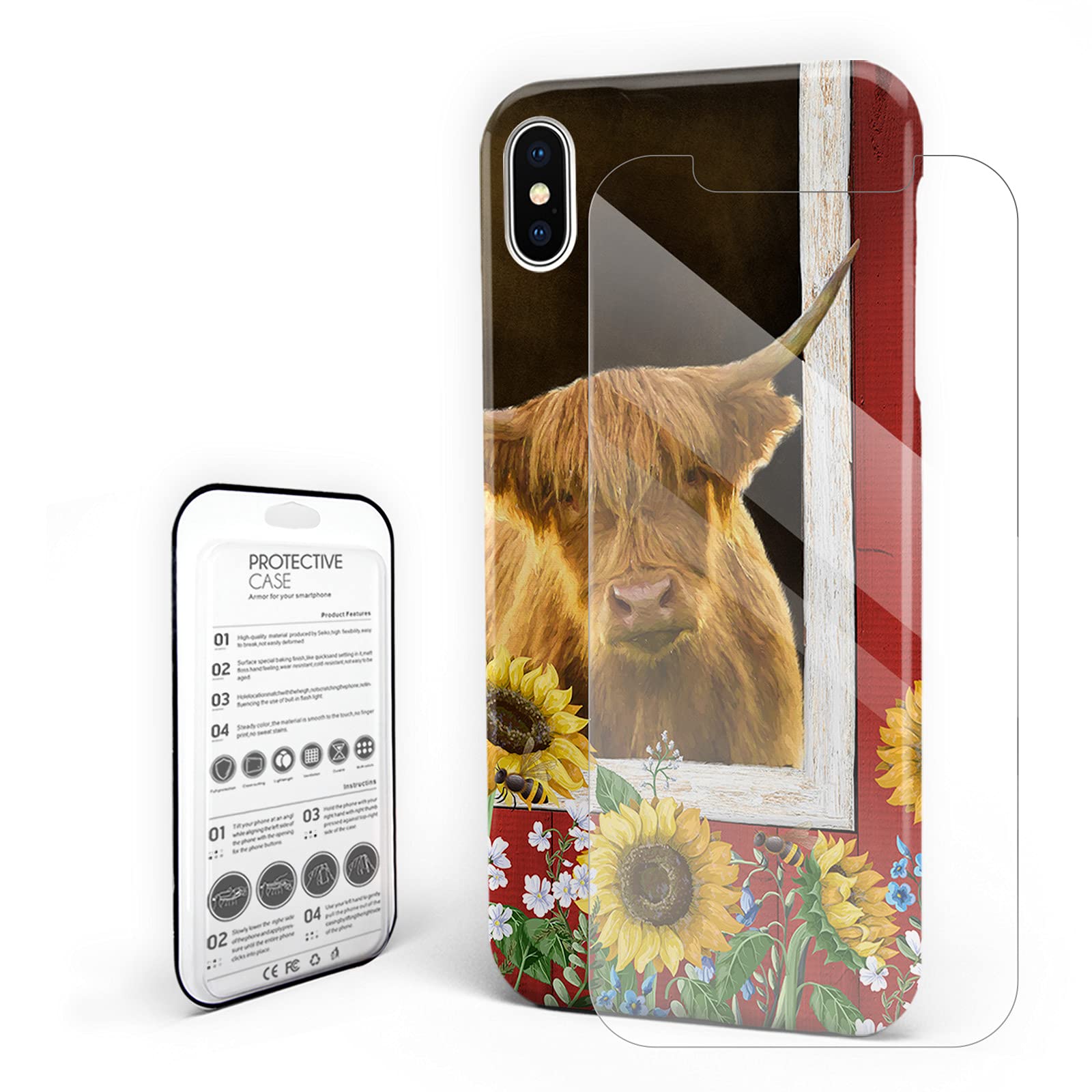 **Highland Cow Sunflower White Flower Red Wood Planks iPhone 11 Case – Hard PC Slim Shockproof Protective Cover with Screen Protector | Perfect for Daily Use, Travel & Outdoor Activities**