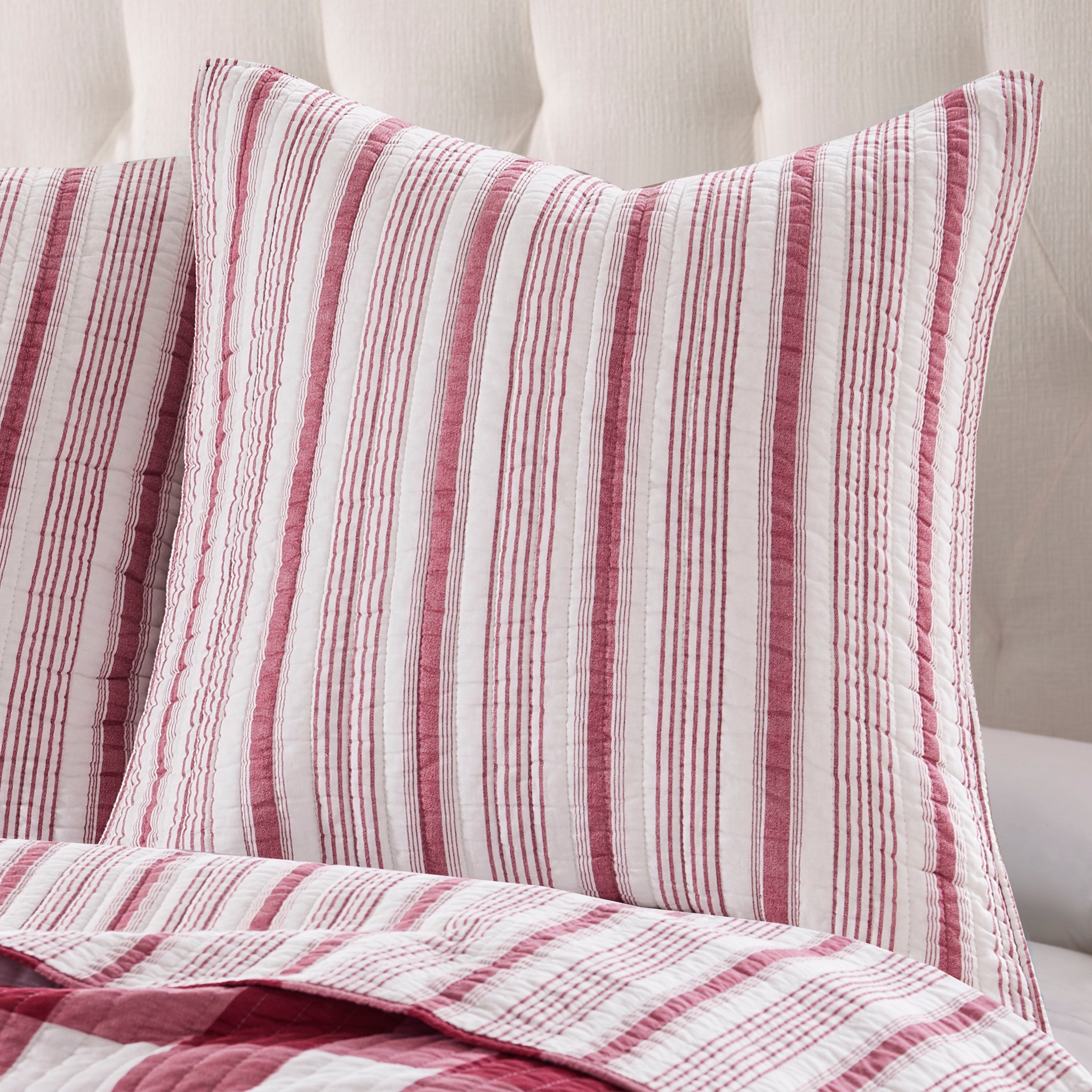 Premium Camden Red Euro Sham Pillowcase Set of 2 - 100% Cotton Striped Decorative Pillow Covers for Bedroom & Living Room Decor
