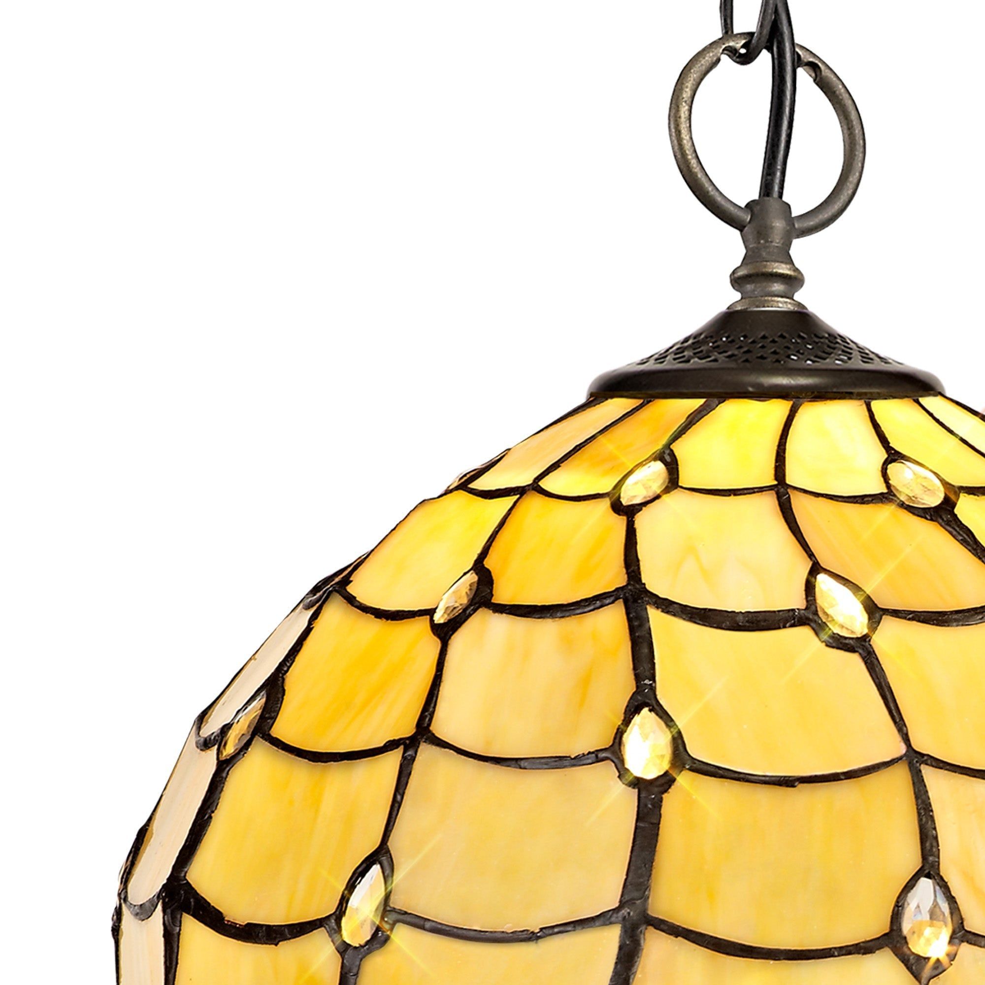 E27 Aero 3 Light Downlighter Pendant with 30cm Tiffany Shade in Beige, Clear Crystal & Antique Brass - Perfect for Dining Room, Kitchen Island, and Entryway Lighting