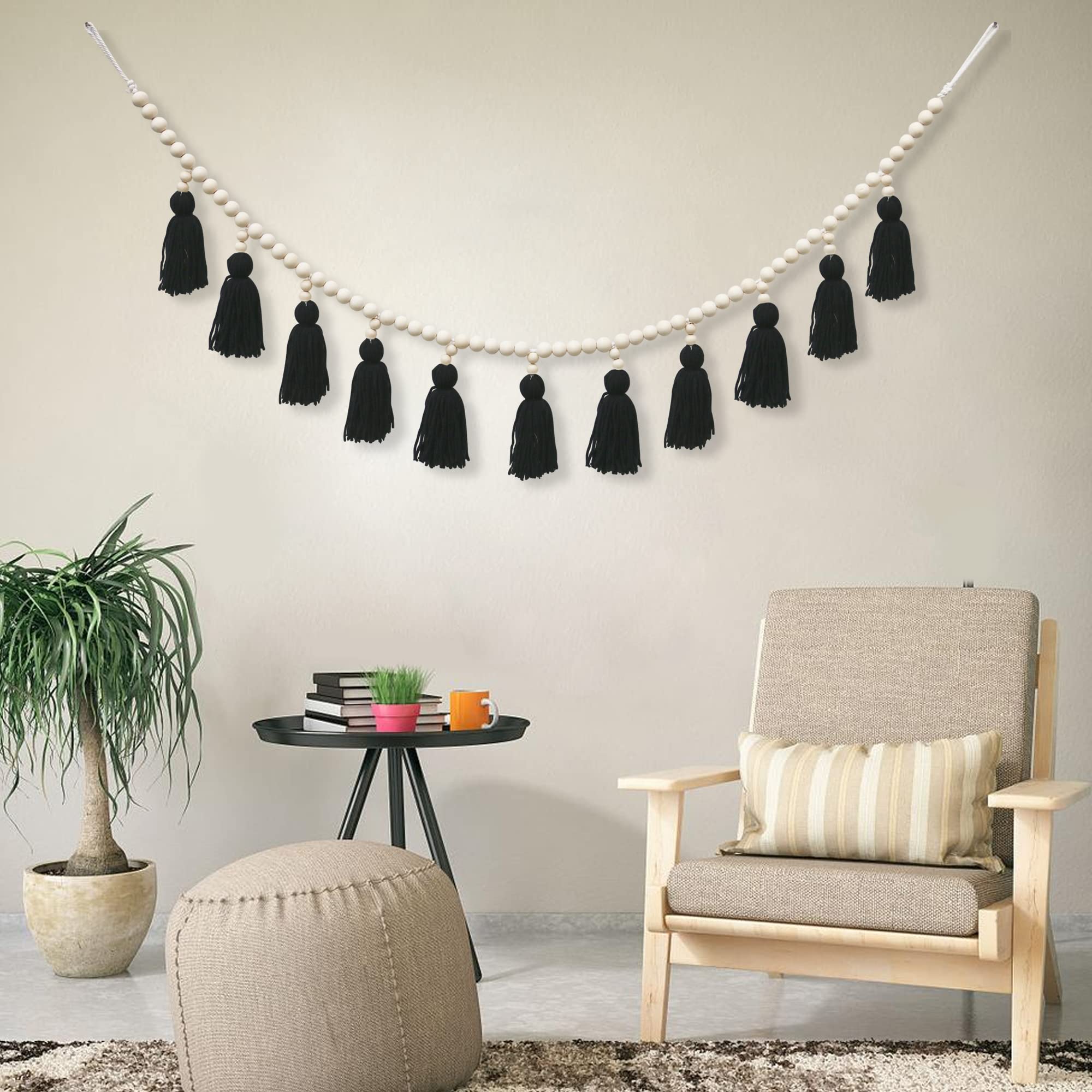 Boho Tassel Garland with Wood Beads - Macrame Wall Hanging Decor for Nursery, Girls Room, Baby Shower & Classroom - Black | Perfect for Boho Home Decor, Wedding Backdrops & Party Decorations