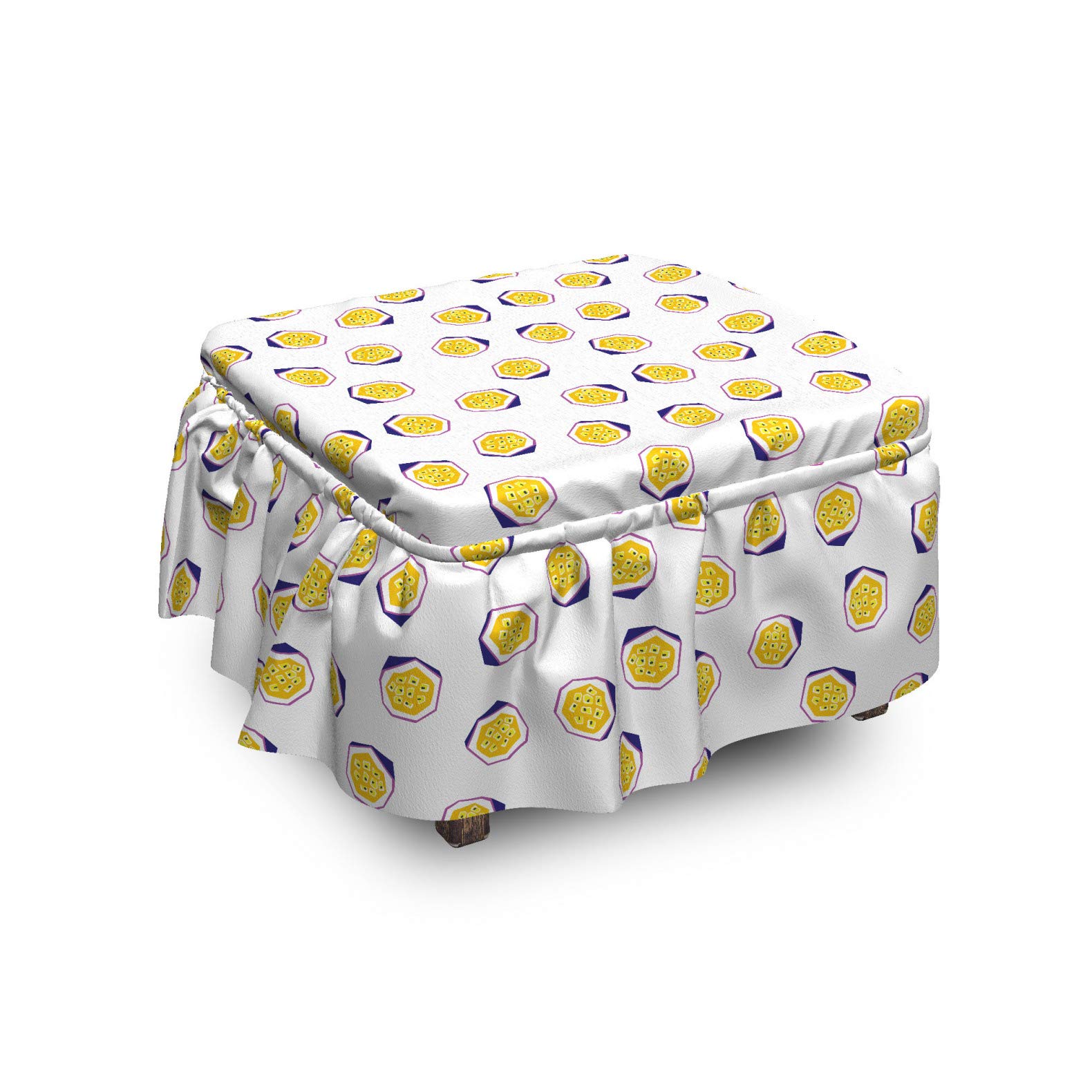 Ambesonne 2-Piece Fruit Ottoman Slipcover Set - Geometric Passion Fruit Design with Ruffle Skirt for Square/Round Footstools | Yellow, White & Indigo Home Decor | Perfect for Living Room, Bedroom or Nursery Accent