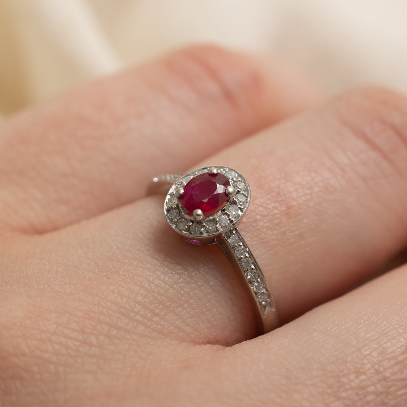 Oval Cut Ruby & Diamond Halo Engagement Ring 0.22ct Center Stone 0.06ctw Side Stones Size 6 - Perfect for Wedding, Proposal & Anniversary Gifts