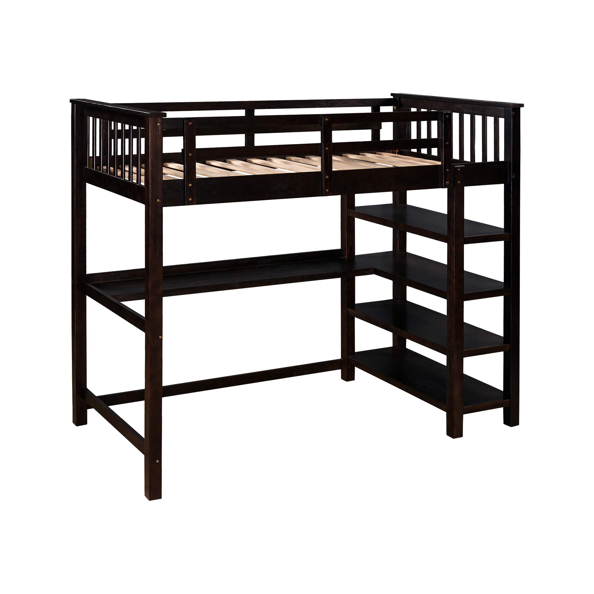 **Wooden Loft Bed Frame with Storage Shelves & Under-Bed Desk - Full-Length Guardrail & Built-in Ladder - Twin Size Espresso Finish - Perfect for Kids, Teens & Adults - Space-Saving Solution for Small Bedrooms, Dorms & Apartments**