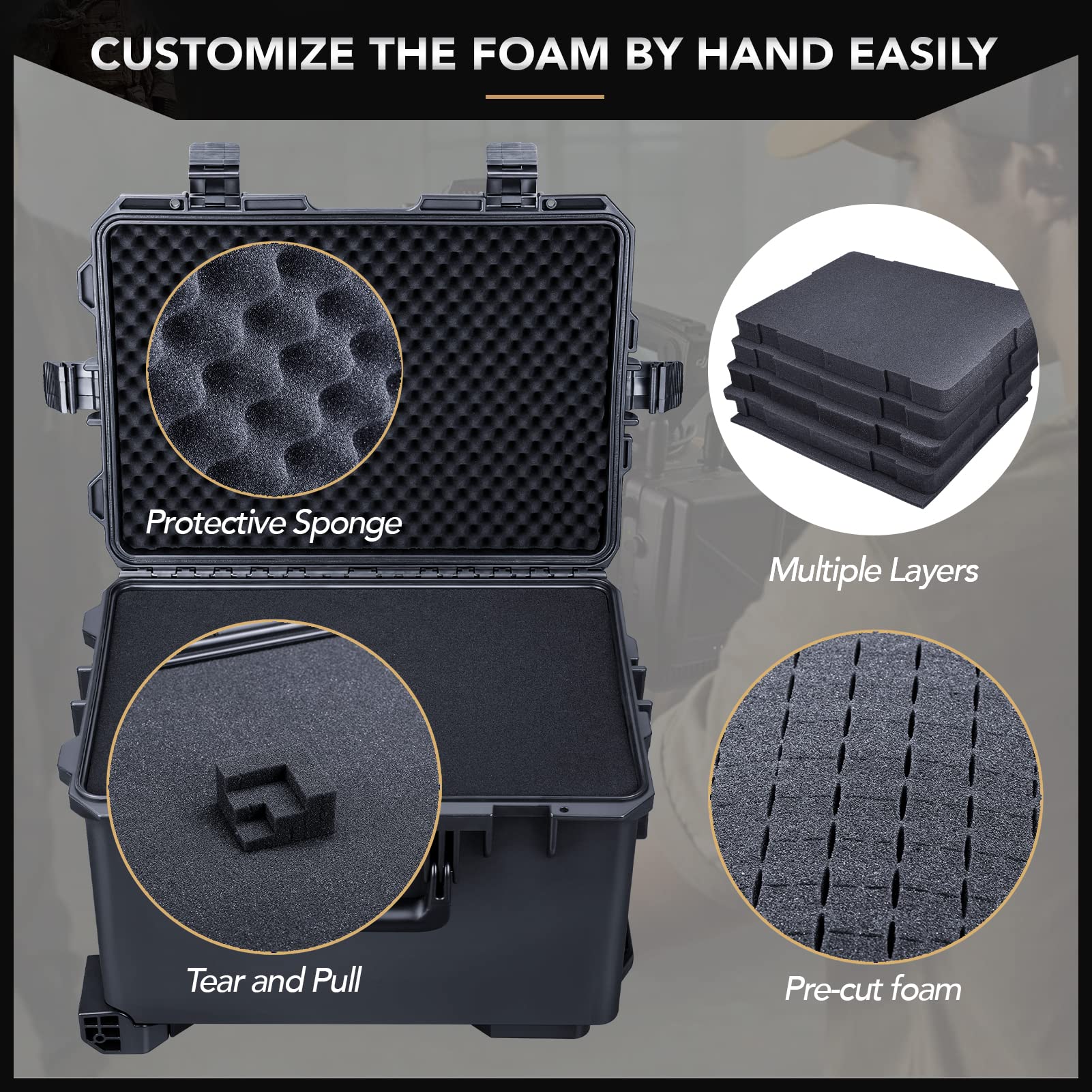 Lykus HC-5230 Large Waterproof Hard Case with Wheels & Custom Foam Insert (52x36x34.5cm Interior) - Durable Protective Storage for Cameras, Lenses, Electronics | Perfect for Travel, Outdoor Adventures & Equipment Transport