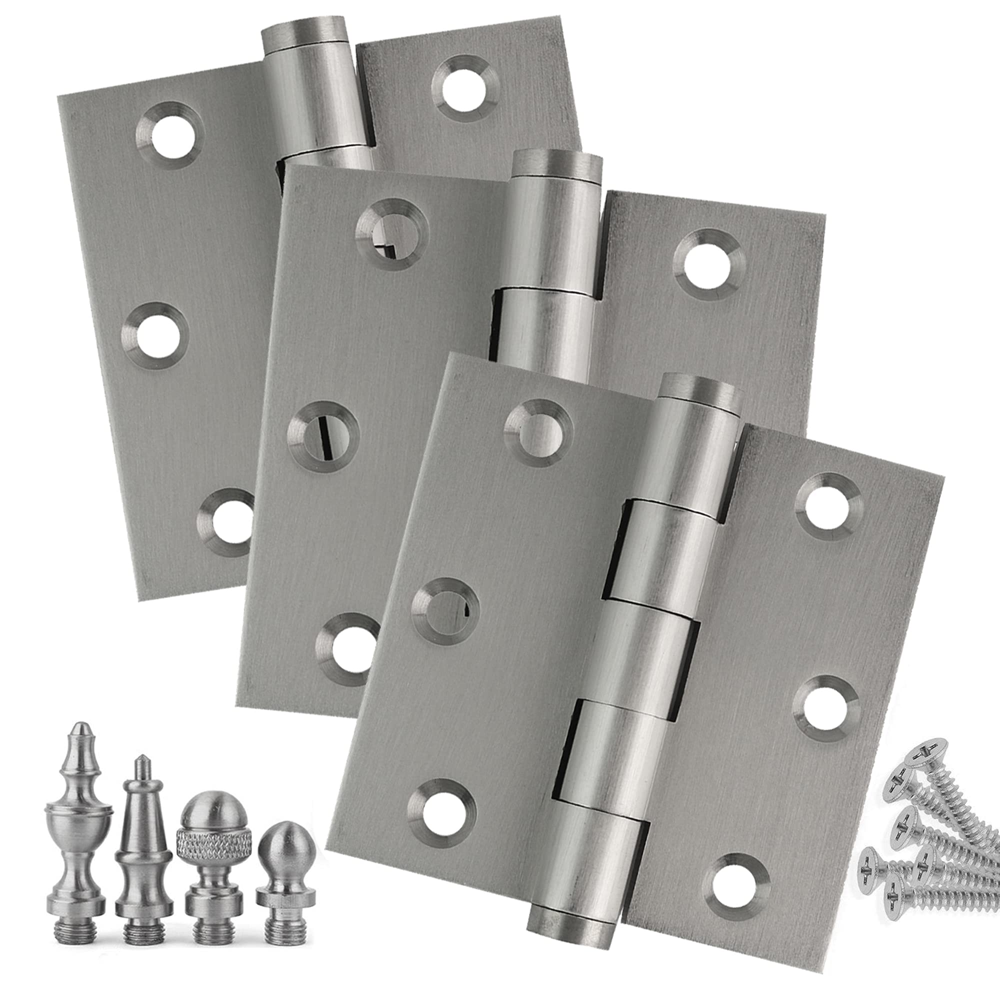 3 Pack Solid Brass 3x3 Inch Cabinet Hinges with Satin Nickel Finish & Acorn Tips - Heavy Duty Door Hinges for Kitchen Cabinets, Furniture & Home Improvement Projects