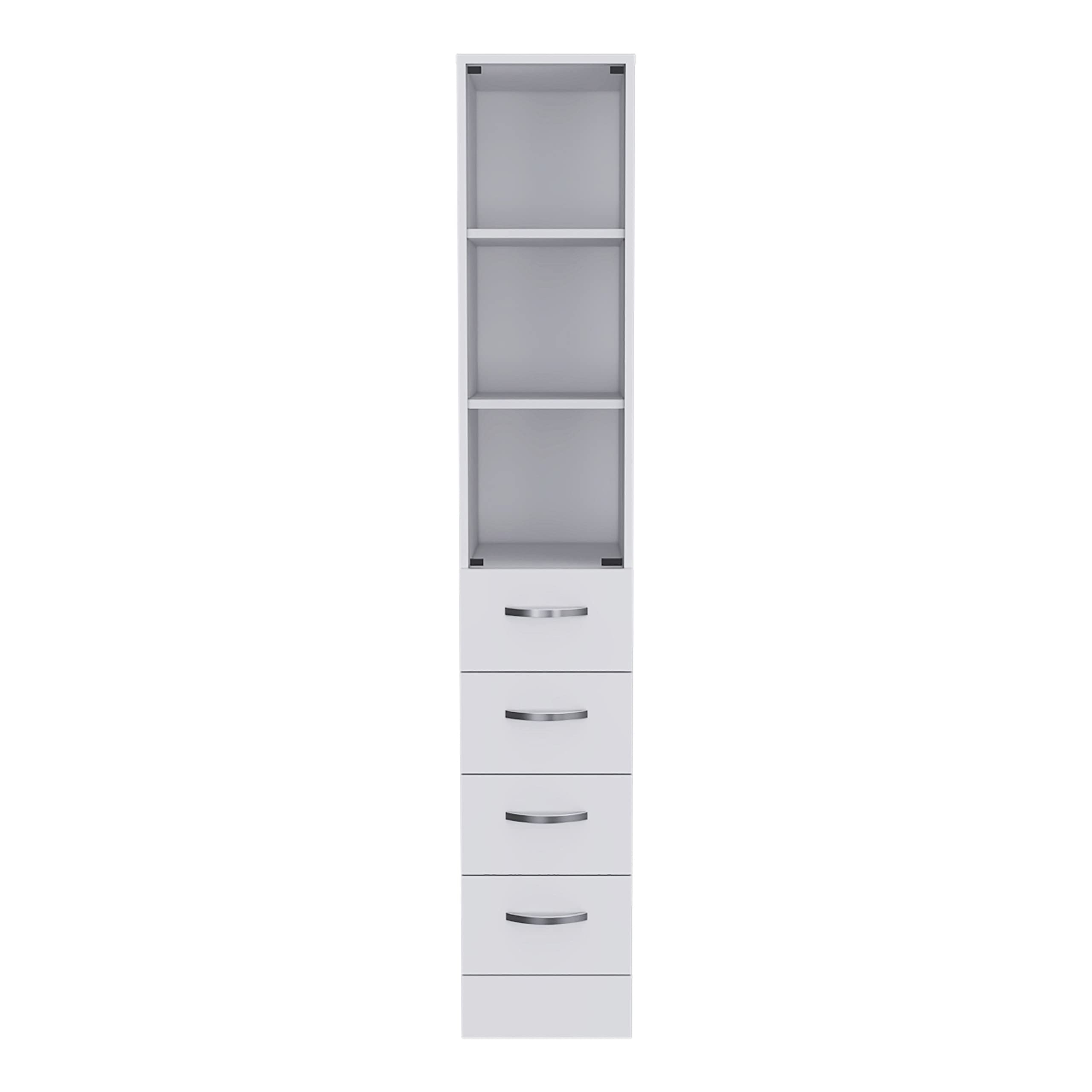 Preston White Linen Cabinet with 3 Shelves & 4 Drawers - Steel Hardware & Glass Door Storage Organizer for Bedroom, Bathroom or Entryway